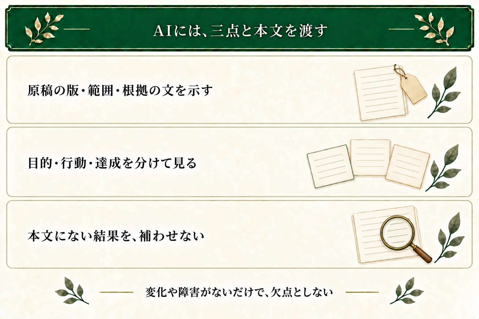 AIには版・範囲・根拠の文と三点を渡し、目的と行動と達成を分けて確認する。本文にない結果を補わせず、変化や障害がないだけで欠点としない。