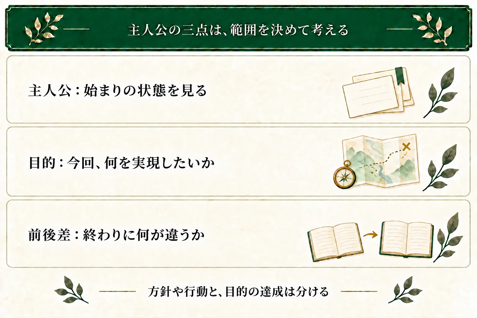 主人公は始まりの状態、目的は今回実現したいこと、前後差は終わりの違いとして見る。方針や行動と、目的を達成した結果は区別する。