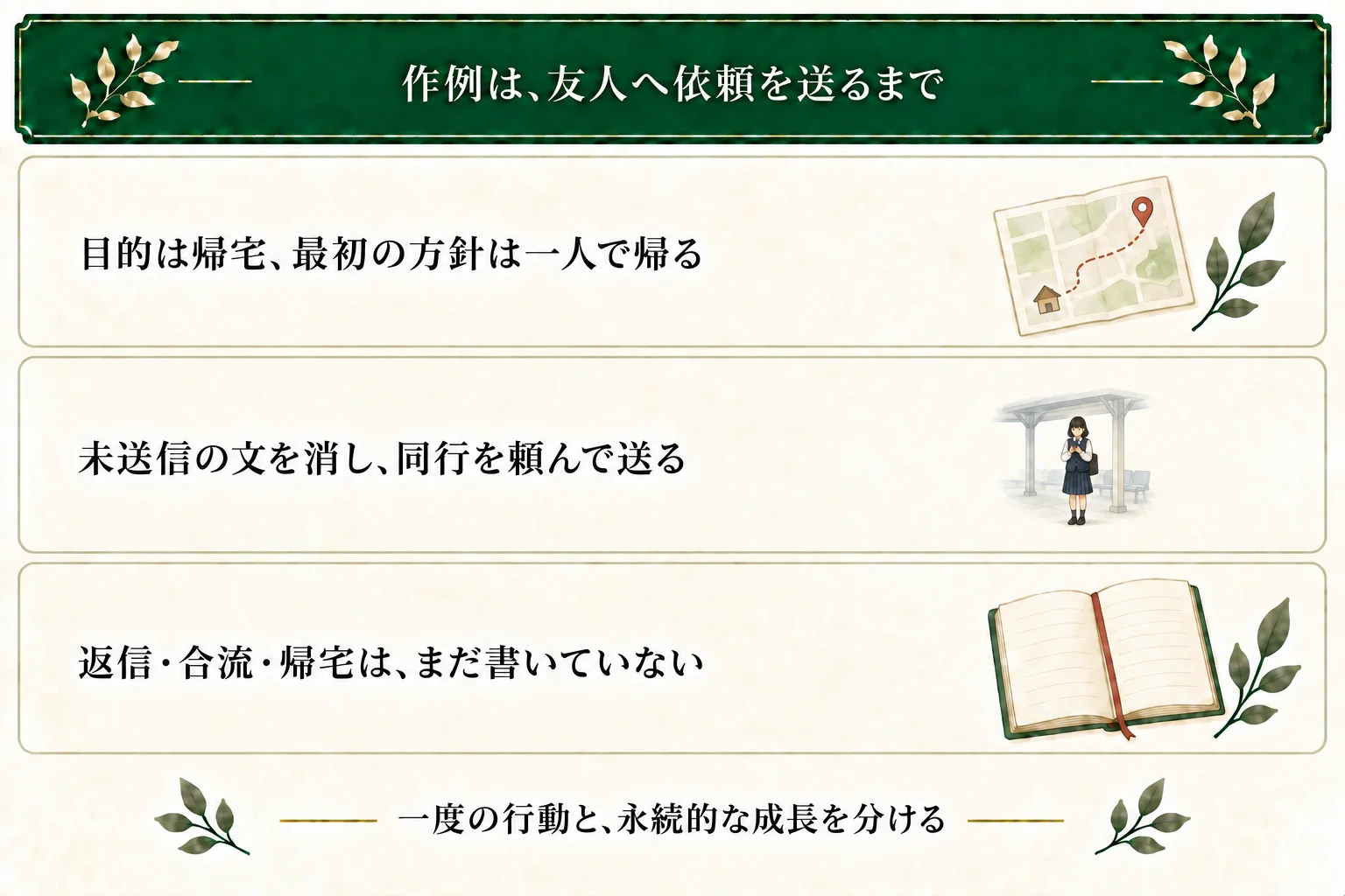 14歳の結衣は帰宅を望み、最初は一人で帰る方針だった。未送信の文を消し、奈々へ駅で合流して徒歩で帰れるかを送信する。返信・合流・帰宅や永続的成長はまだ書いていない。