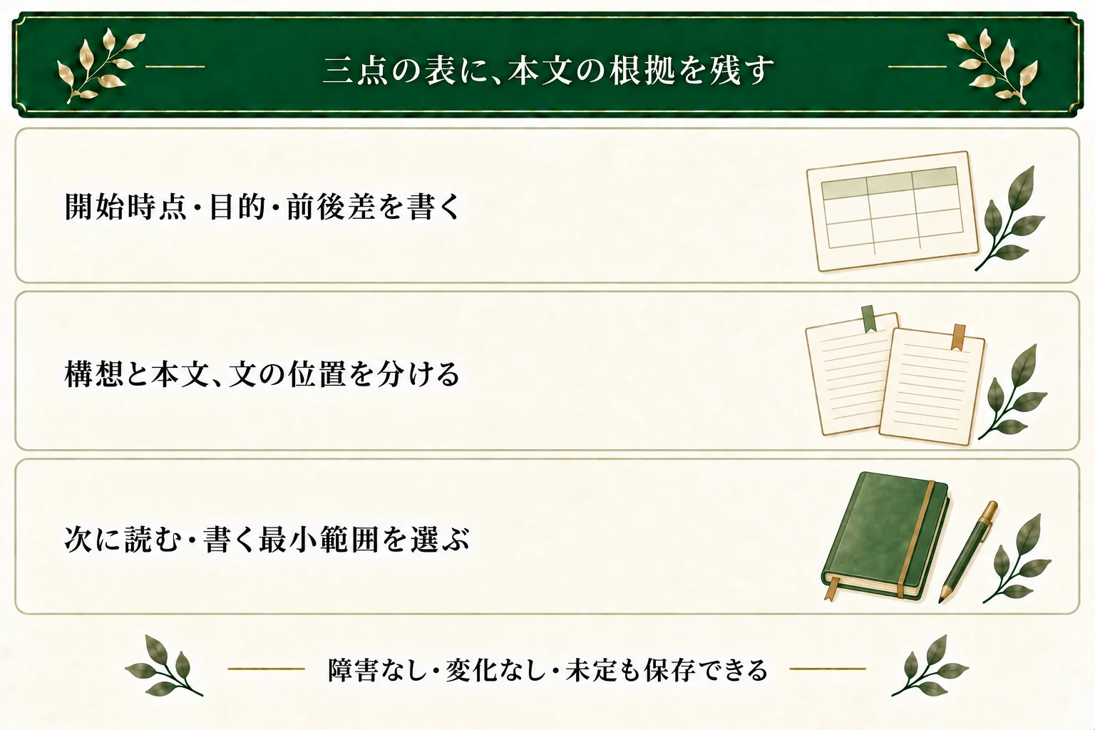 主人公・目的・変化表に開始状態、目的、前後差または変えない意図を書き、構想と本文の位置を分ける。次に読むか書く最小範囲を選び、障害なし・変化なし・未定も保存できる。