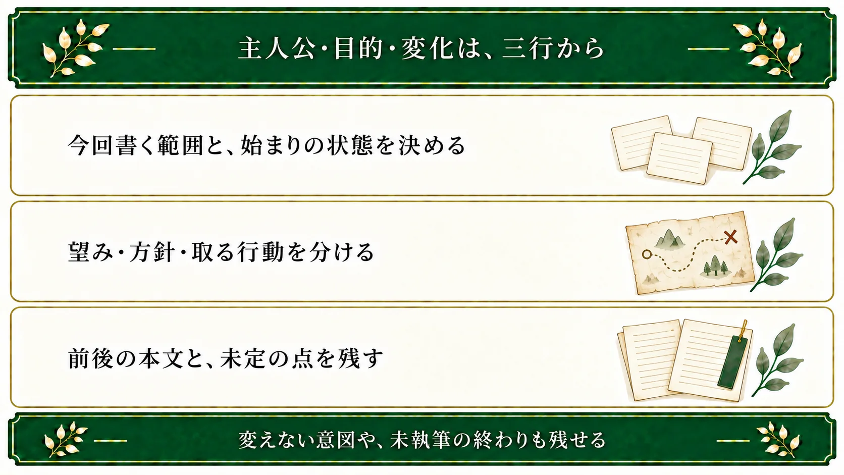 主人公・目的・変化は今回書く範囲の三行から始める。開始状態、望みと方針・行動を分け、前後の本文と未定の点を残す。変えない意図や未執筆の終わりも扱える。