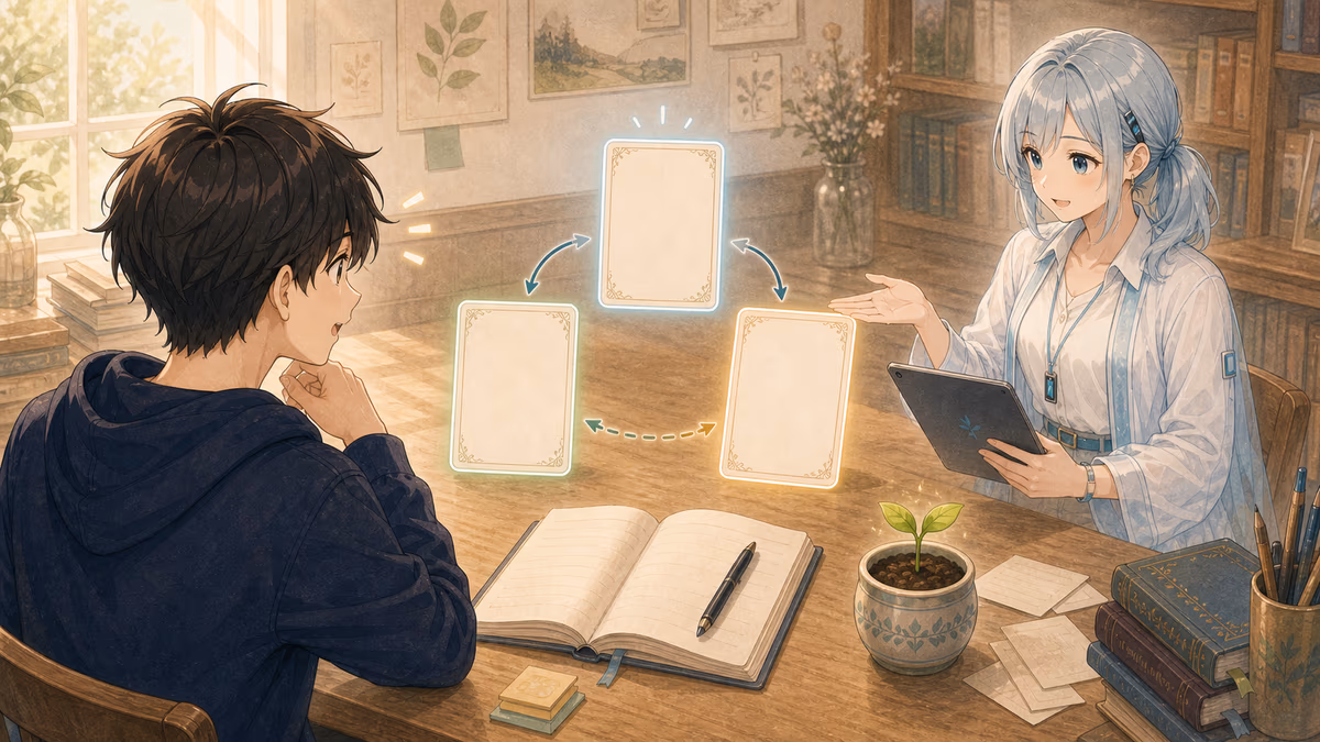 物語の主人公・目的・変化を決める基本ワークの内容をイメージした創作アトリエの挿絵