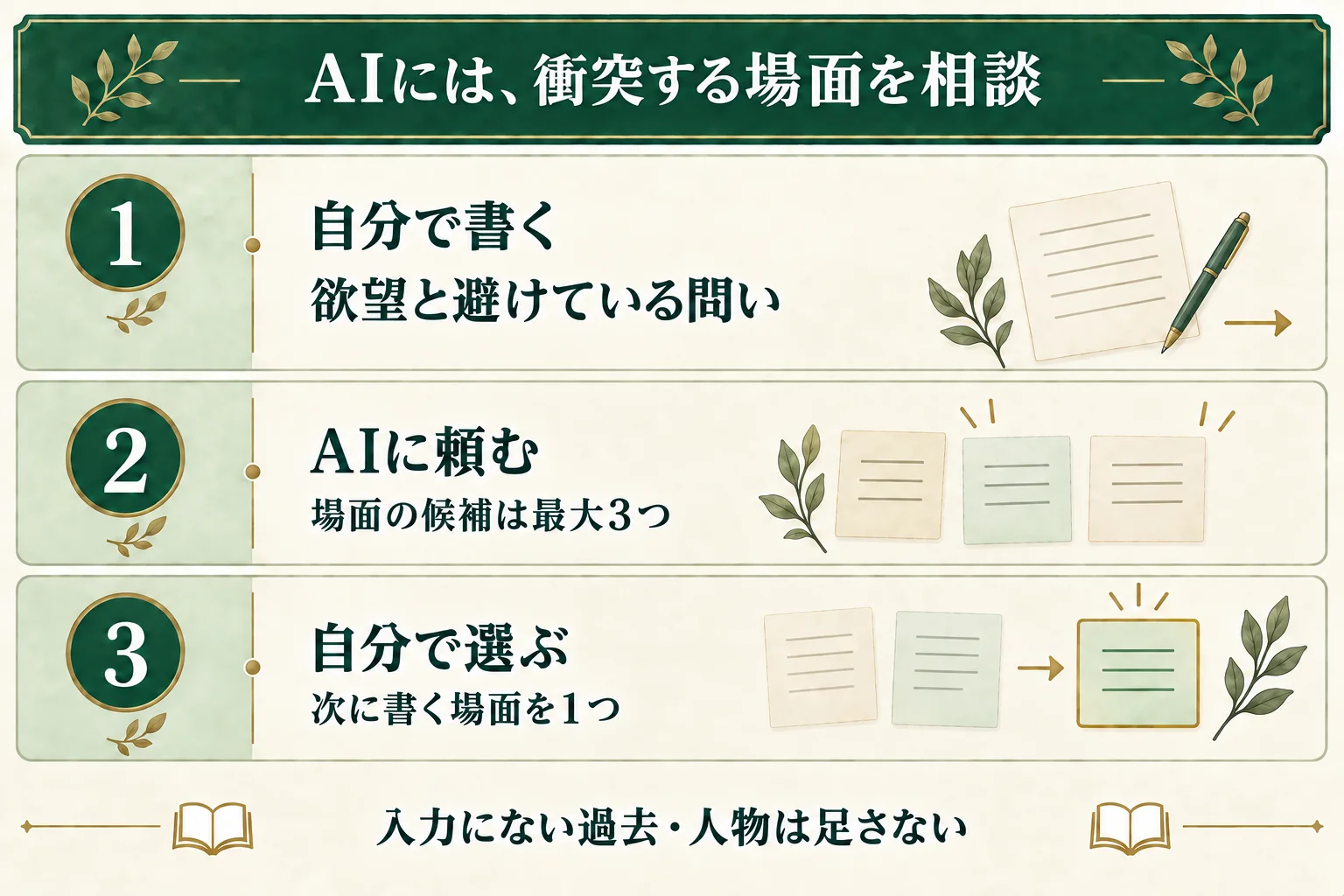 自分で欲望と避けている問いを書き、AIから最大3つの場面候補を受け取り、作者が次に書く場面を1つ選ぶ。入力にない過去や人物は追加しない。