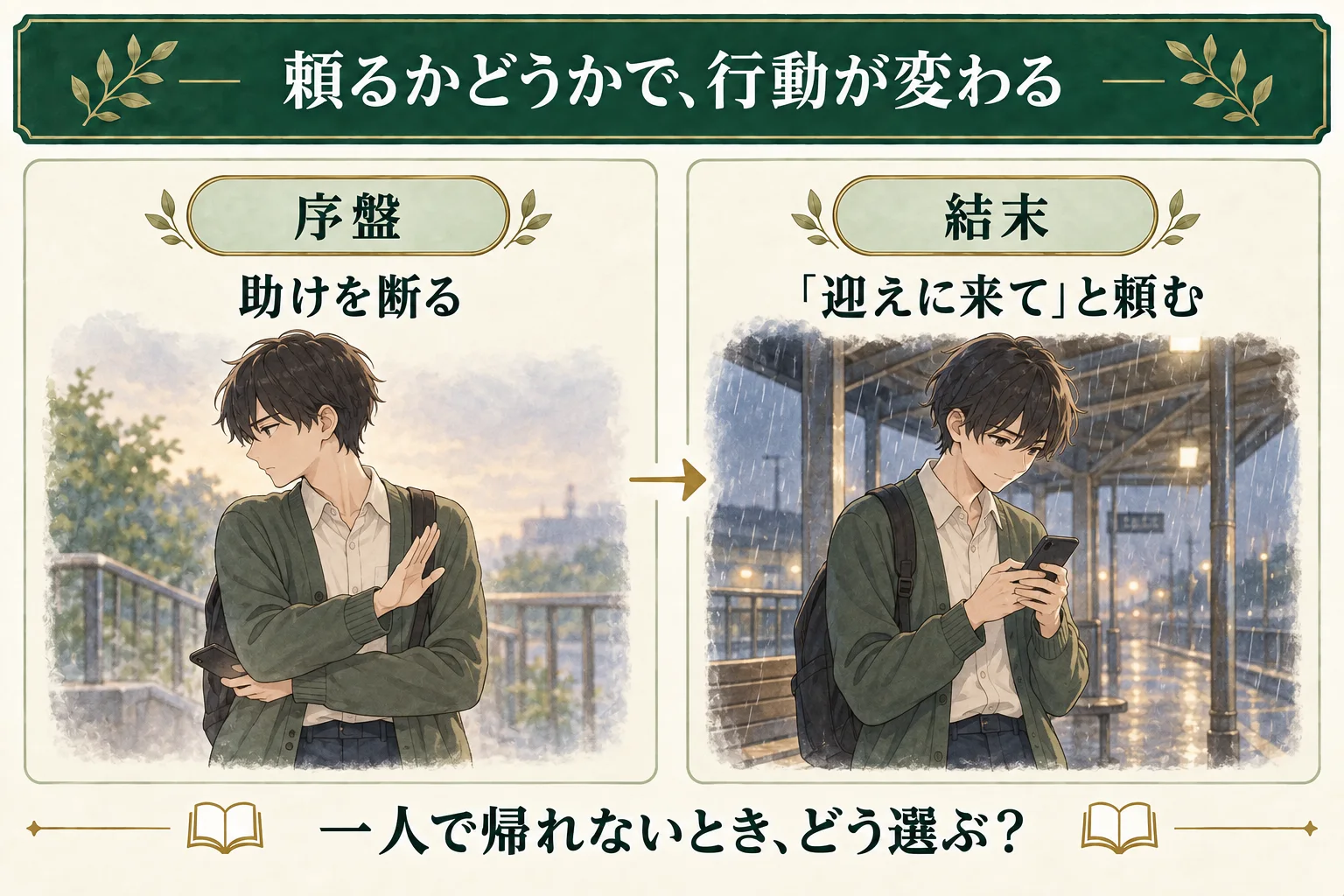 作例の高校生が、序盤では助けを断り、結末では迎えに来てと自分から頼む。行動の違いで主人公の選択の変化を示す。