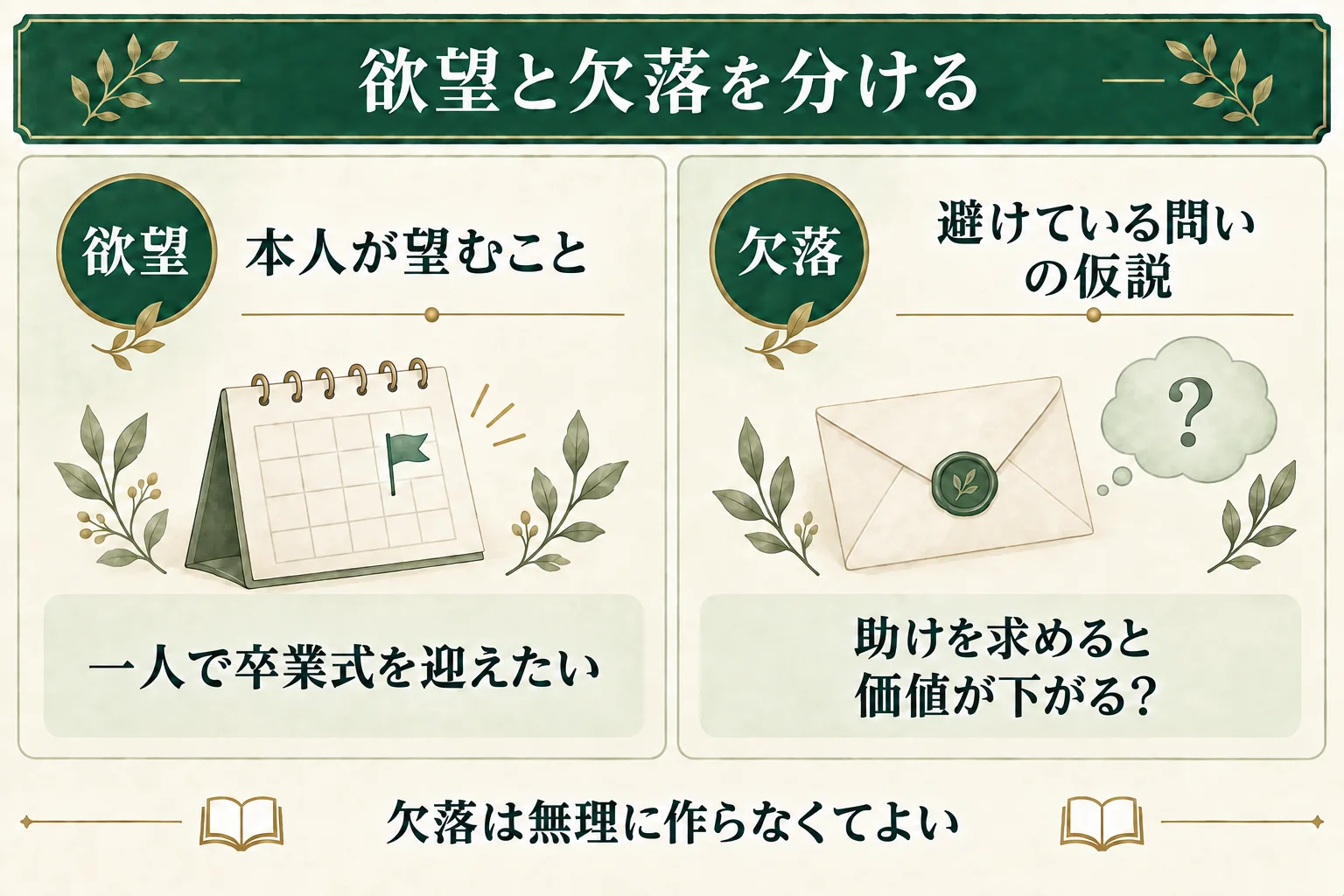 欲望は本人が望むこと、欠落は避けている問いの仮説。一人で卒業式を迎えたい望みと、助けを求めると価値が下がるという思い込みを分ける。