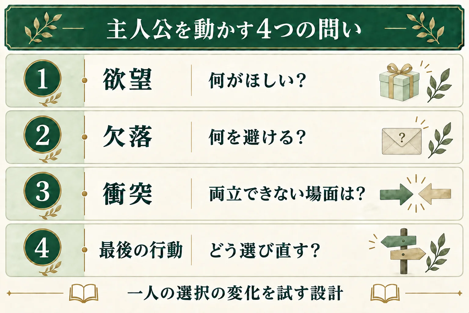 欲望は何がほしいか、欠落は何を避けるか、衝突は両立できない場面、最後の行動はどう選び直すか。一人の選択の変化を考える4つの問い。