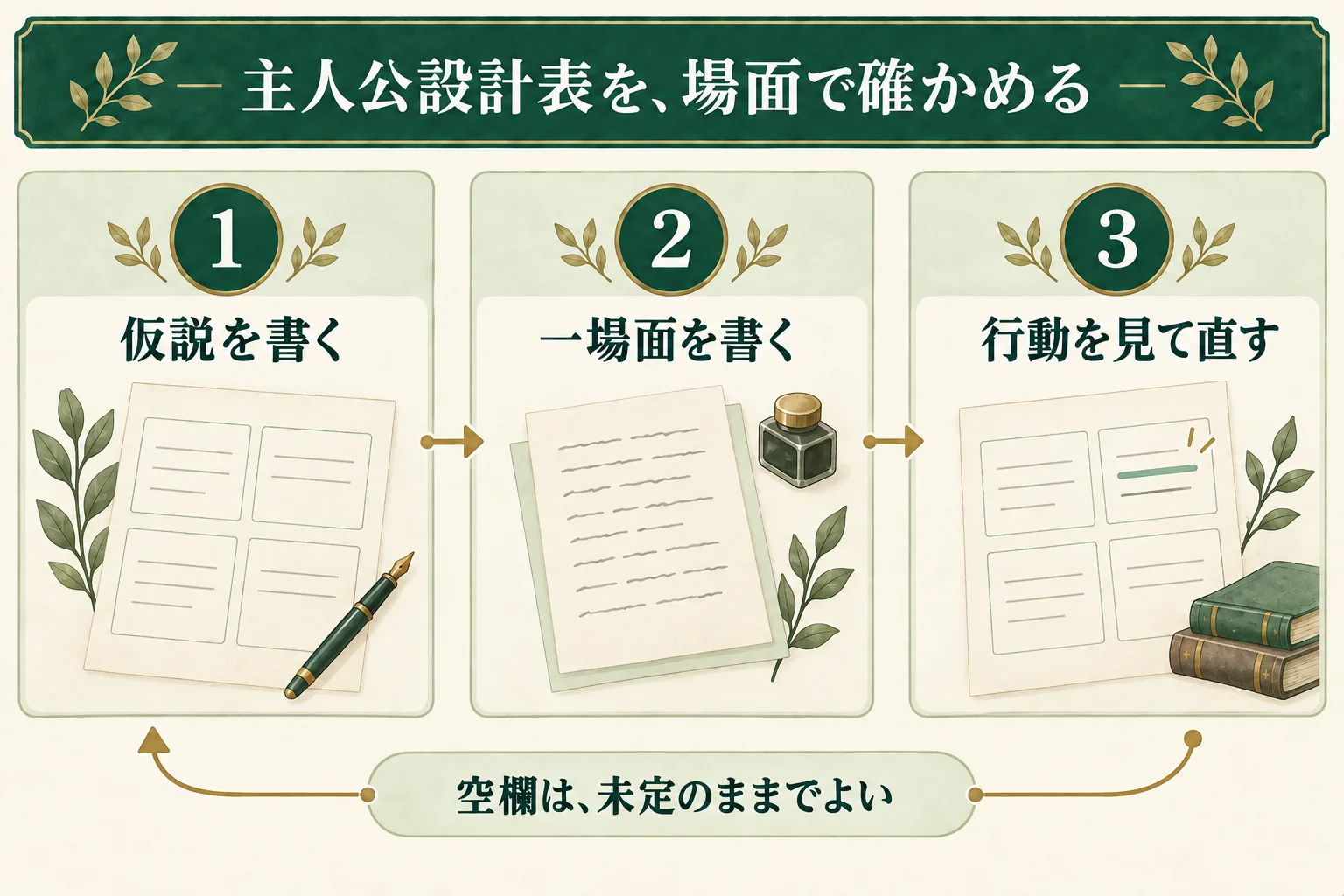 主人公設計表に仮説を書き、一場面を書いたあと、実際の行動に合わせて表を直す。決まらない欄は未定のままでよい。