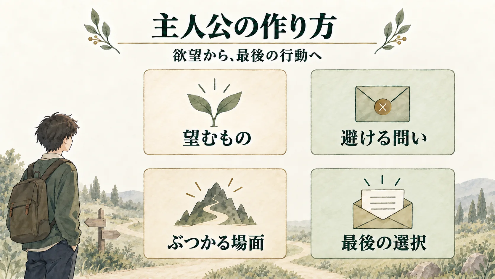 主人公の作り方を、望むもの・避ける問い・ぶつかる場面・最後の選択の4項目で考える図。