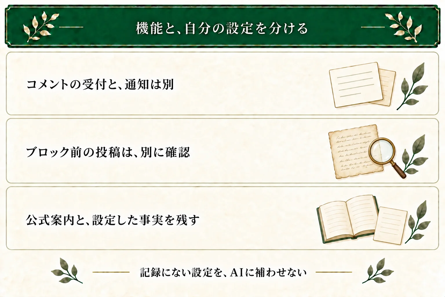 コメントの受付と通知受信を分け、ブロック前の投稿の扱いも確認する。公式案内の機能と自分が設定した事実を記録し、AIに未確認の設定を補わせない。