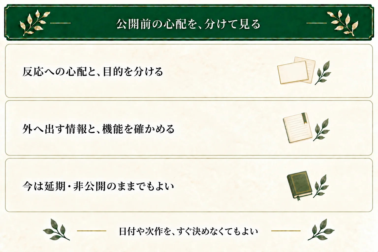 反応への心配と読んでもらう目的を分け、原稿の情報と公開機能を確かめる。今は延期・非公開のままでもよく、日付や次作をすぐ決める必要はない。