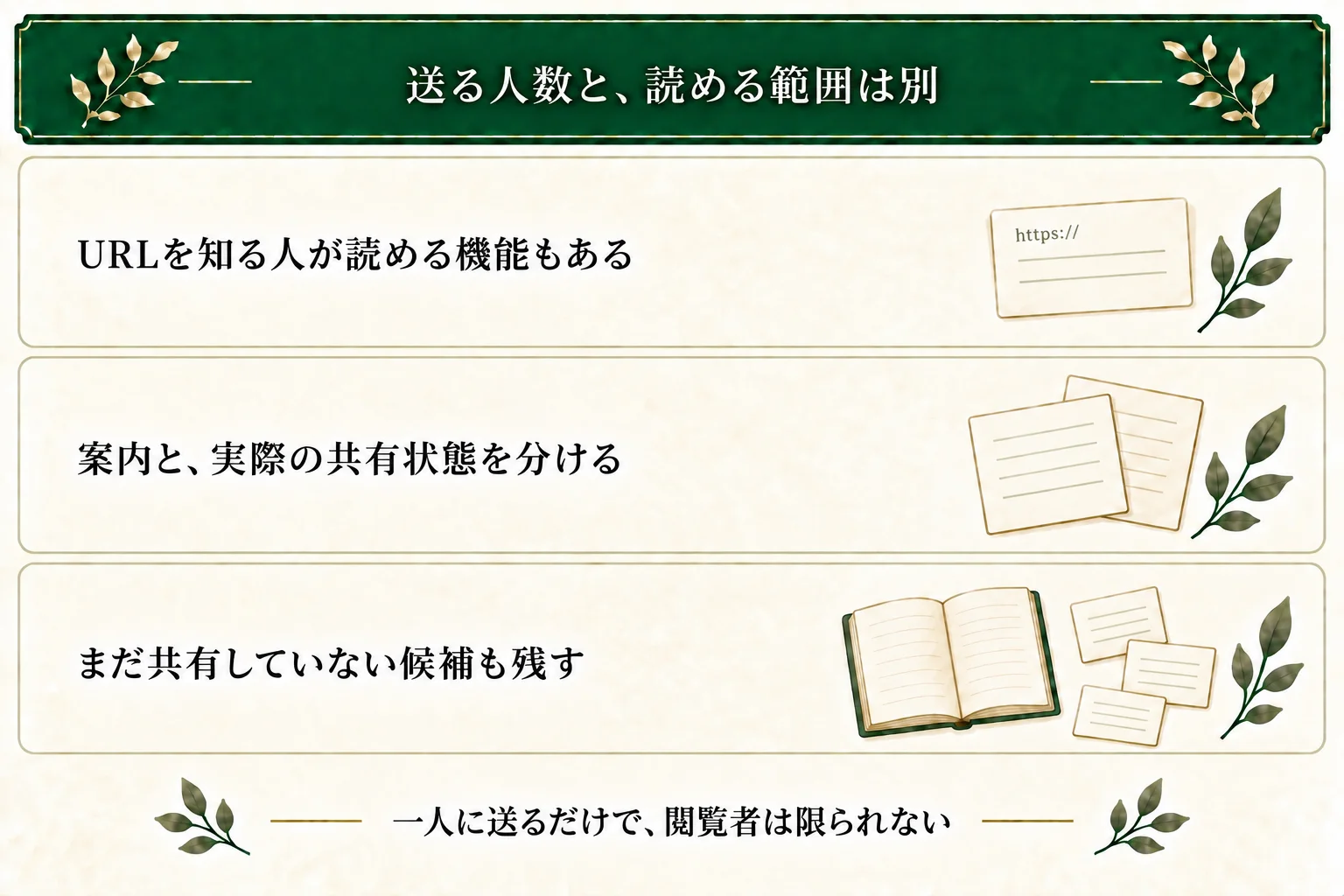URLを送る人数と閲覧できる範囲を区別する。URLを知る人が読める機能もあり、公式案内と実際の共有状態を分け、まだ共有していない候補も残す。