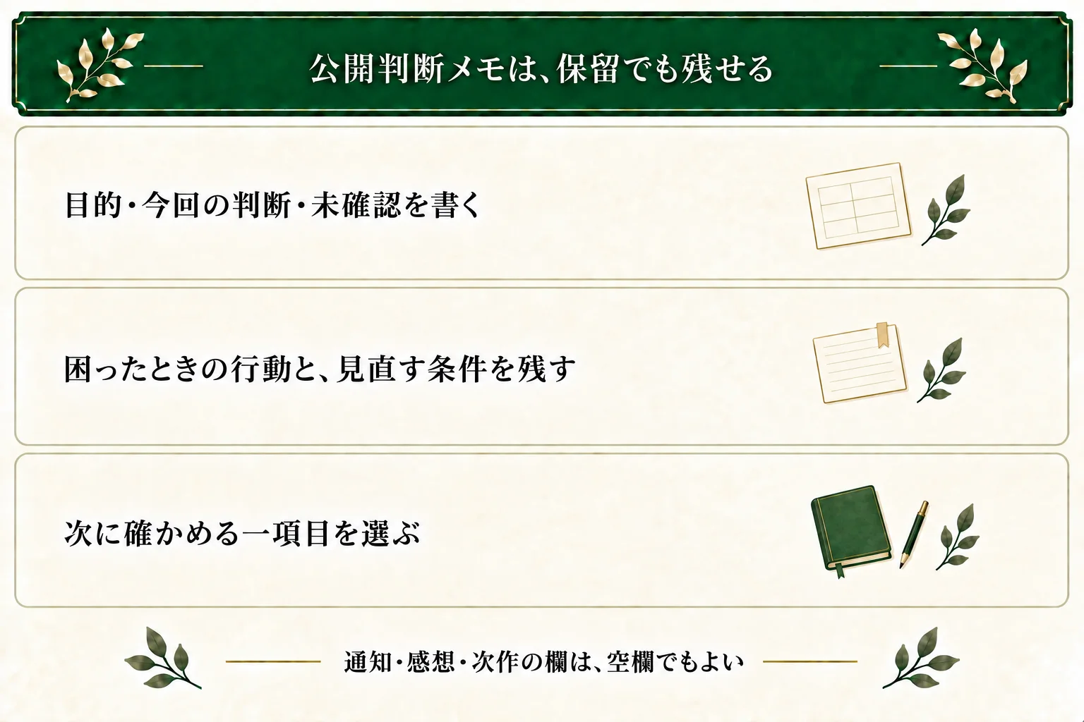 公開判断メモへ目的、今回の判断、未確認のこと、困ったときの行動、見直す条件を残す。次に確認する一項目を選び、不要な通知・感想・次作の欄は空欄でもよい。
