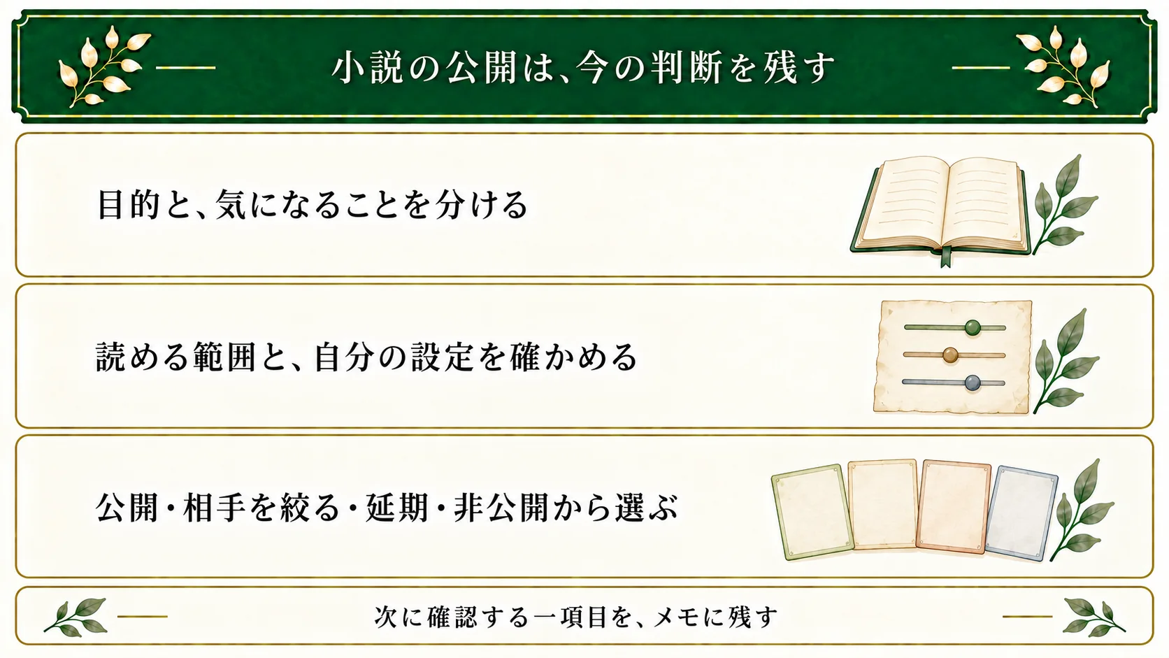 小説の公開前に目的と気になることを分け、閲覧範囲と自分の設定を確認する。公開・相手を絞る・延期・非公開から選び、次に確認する一項目を残す。