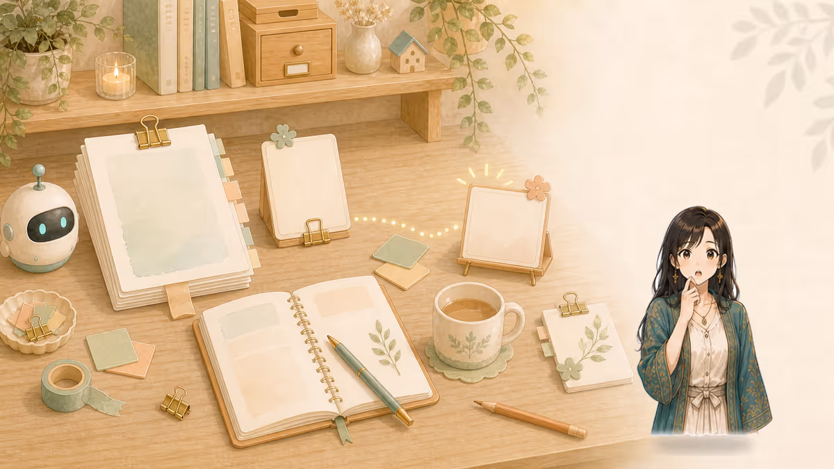 コトハが止まった原稿の停止地点と再開メモを前に見直す創作アトリエの挿絵