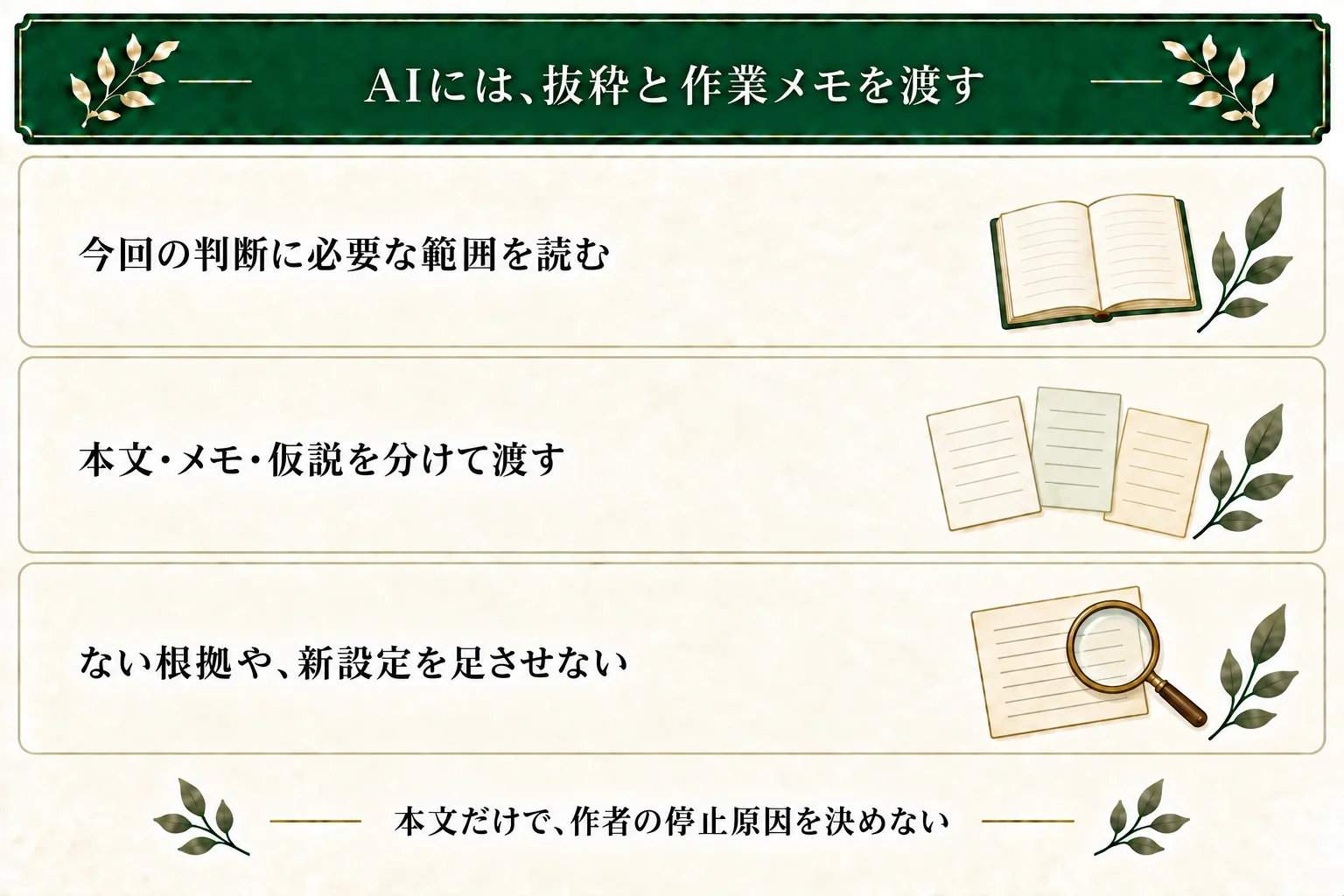 AI相談では今回の判断に必要な原稿範囲を読み、本文・作者メモ・仮説を分けて渡す。根拠や新設定を補わせず、本文だけで作者が止めた原因を決めない。