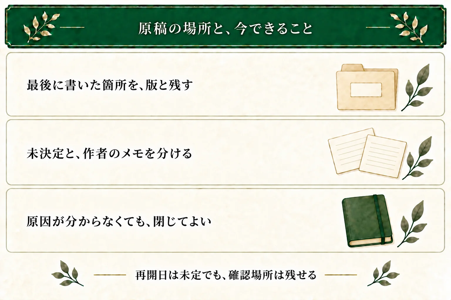 最後に書いた箇所を版とともに残し、未決定のことや作者メモを整理する。原因不明のまま閉じてよく、再開日は未定でも確認する場所を残せる。