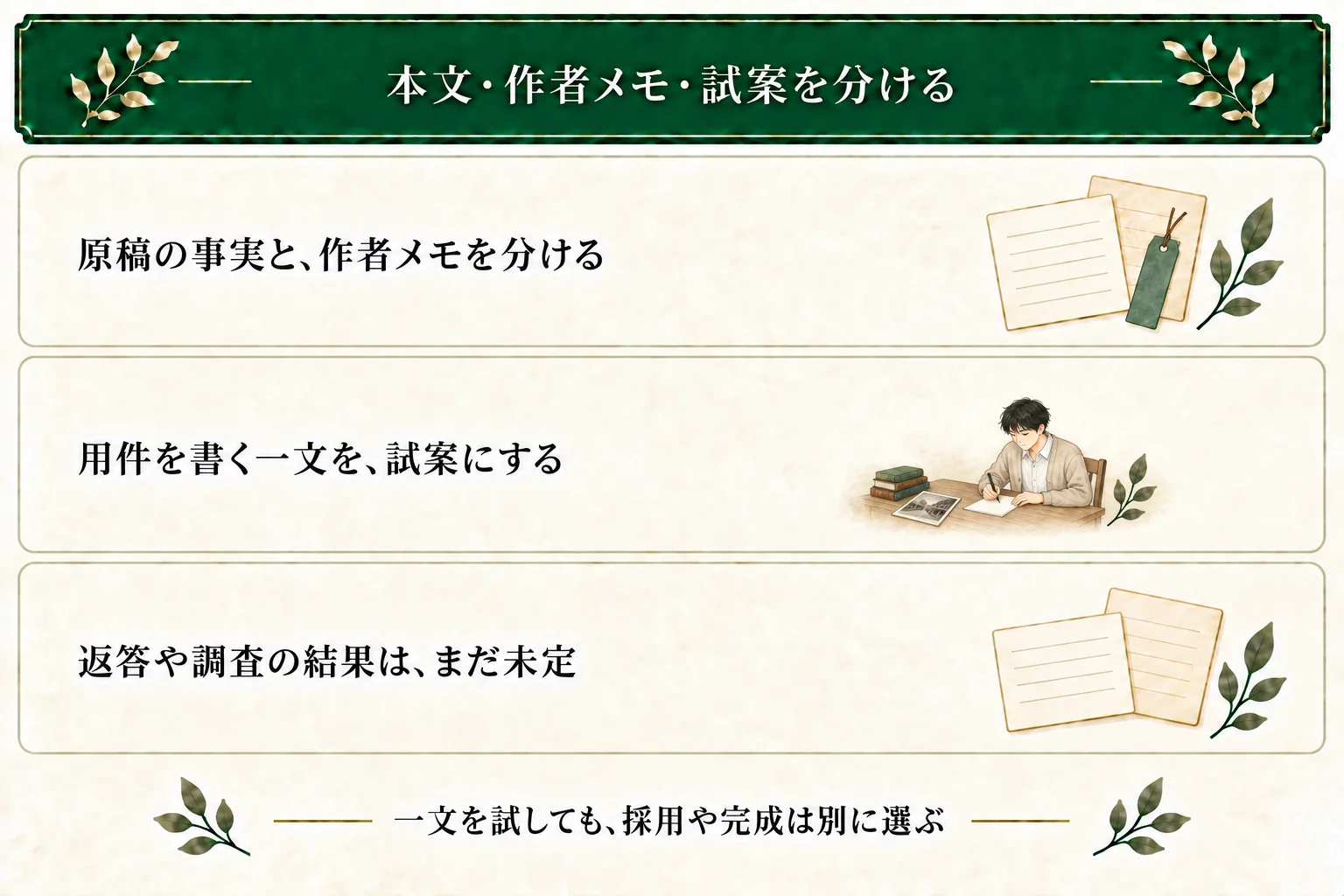 資料室の写真の作例で原稿の事実と作者の作業メモを分け、用件を書く一文を試案にする。担当者の返答や撮影年は未定で、一文を試すことと採用・完成を分ける。