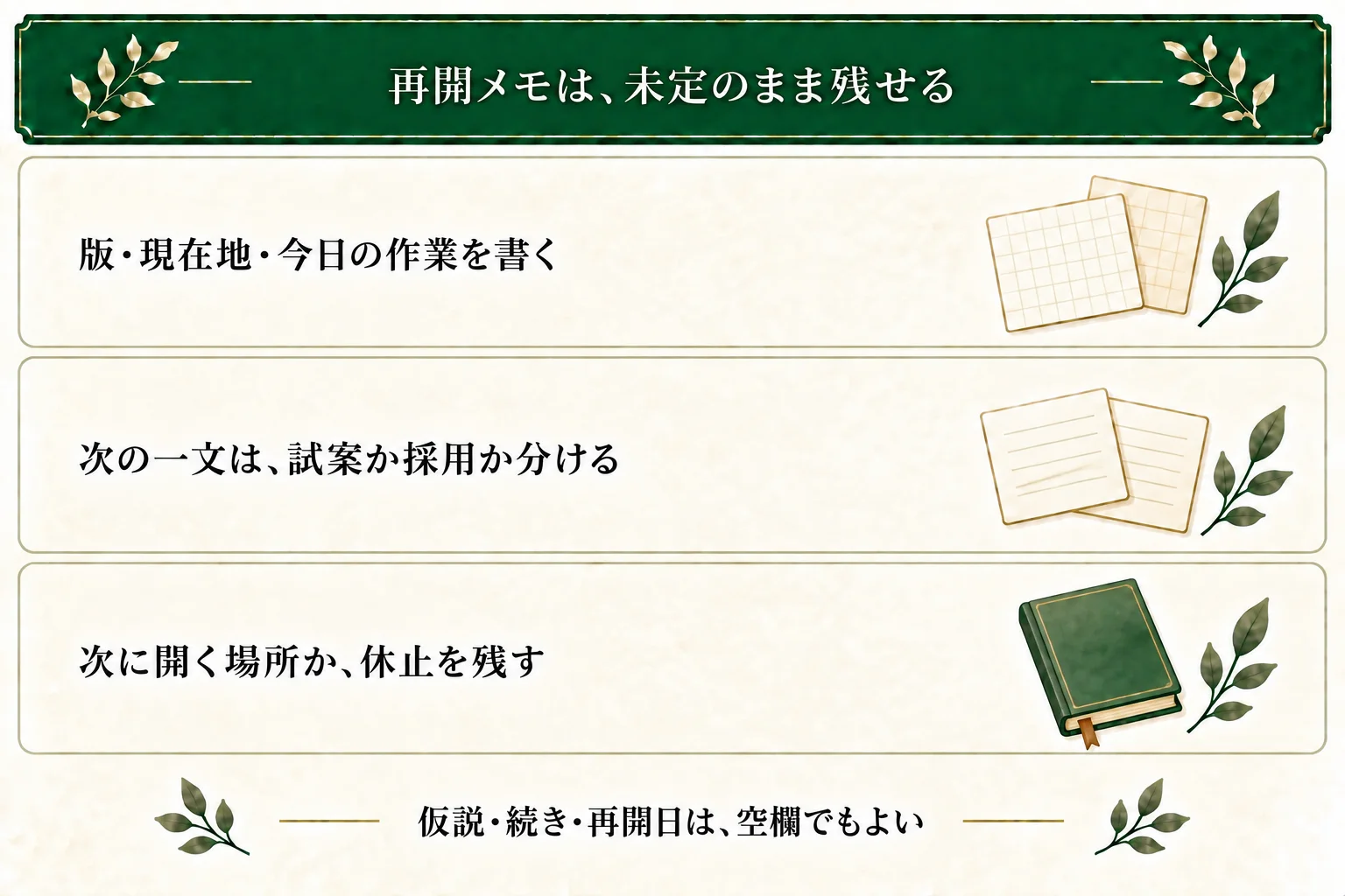 再開診断表に版、現在地、今日の作業を記録し、次の一文が試案か採用かを区別する。次に開く場所や休止を残し、仮説・続き・再開日は空欄でも保存できる。