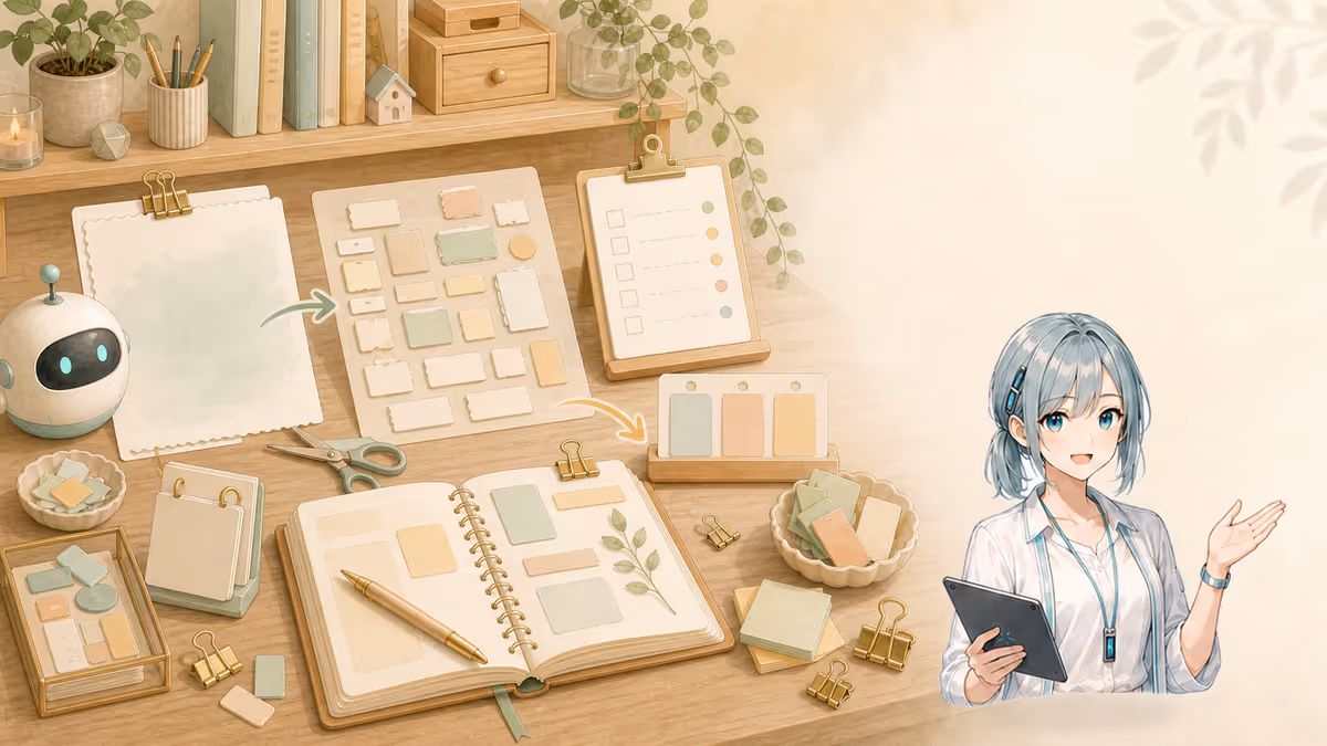 ミラがAI出力を語彙カードに分け自分のノートへ戻す創作アトリエの挿絵