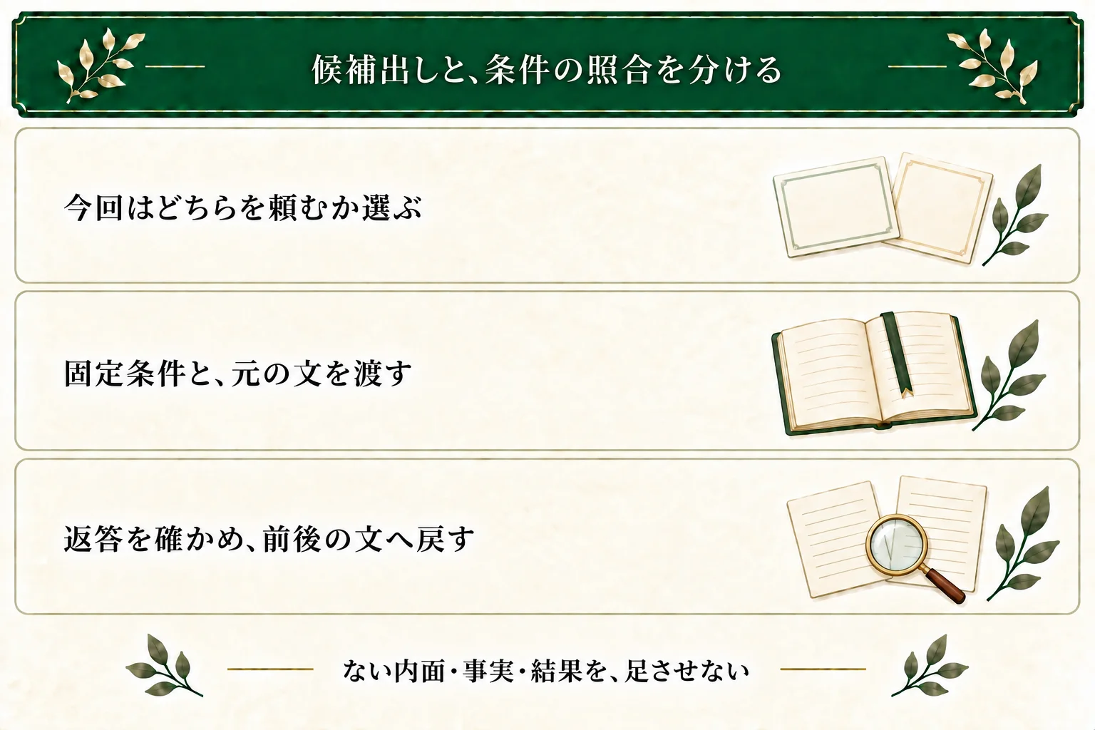 AIに語句候補か条件との照合かを選んで頼み、固定条件と元の文を渡す。返答を確認し、前後の文へ戻して比べる。決めていない内面・事実・結果を足させない。