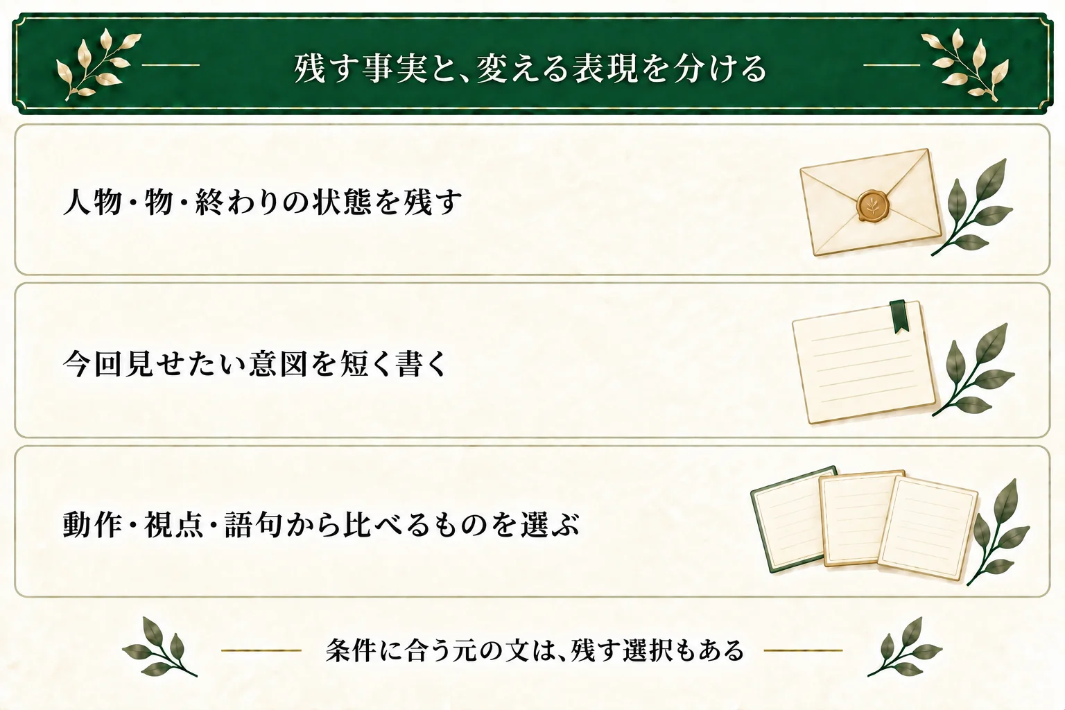 人物、物、今回の終わりの状態を先に残し、見せたい意図を短く書く。動作・視点・語句から比べるものを選び、条件に合う元の文は残すこともできる。