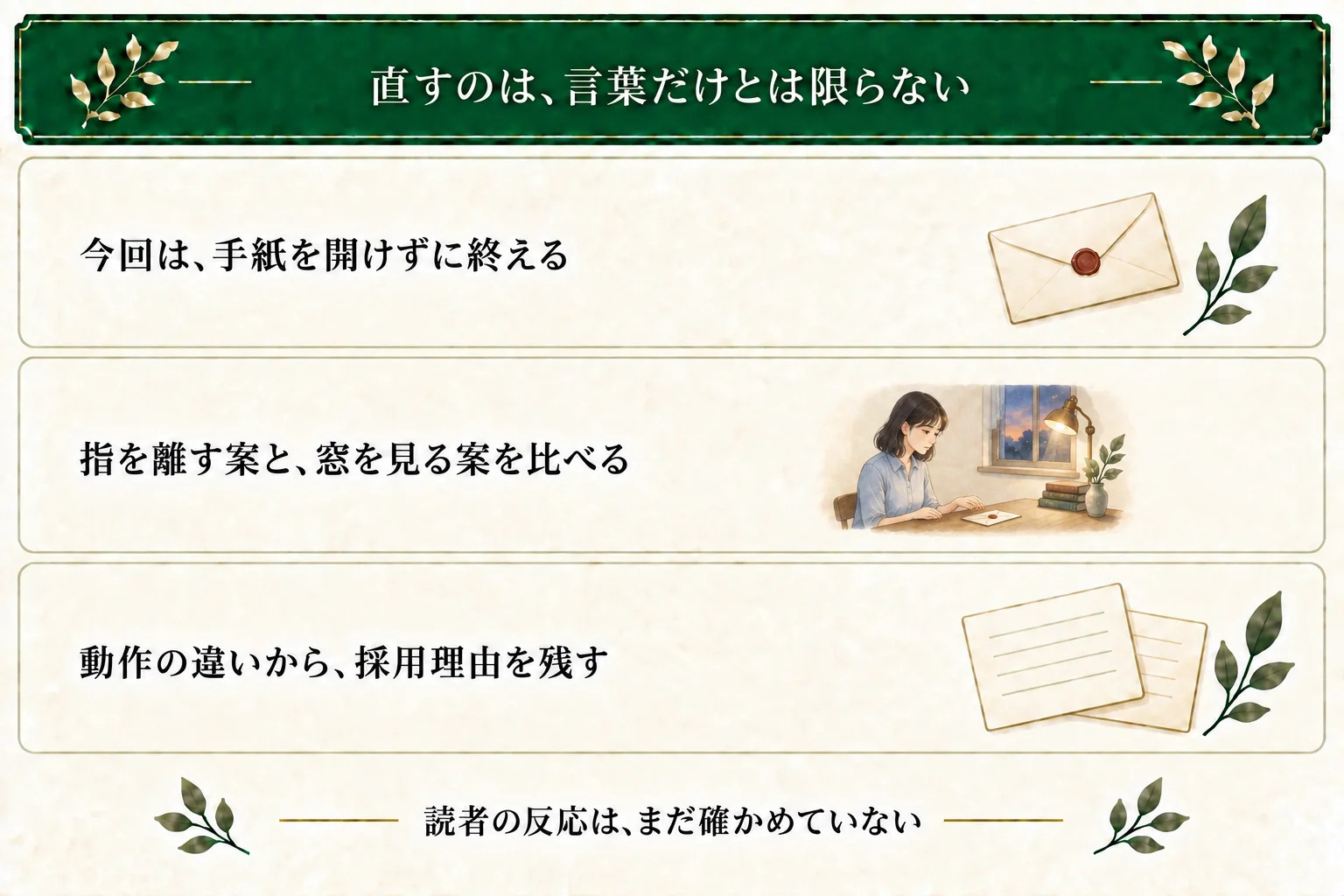封筒の比較例では手紙を開けない条件を守り、指を離すAと、触れたまま窓を見るBを比較する。動作の違いから採用理由を残すが、読者の反応は未確認。