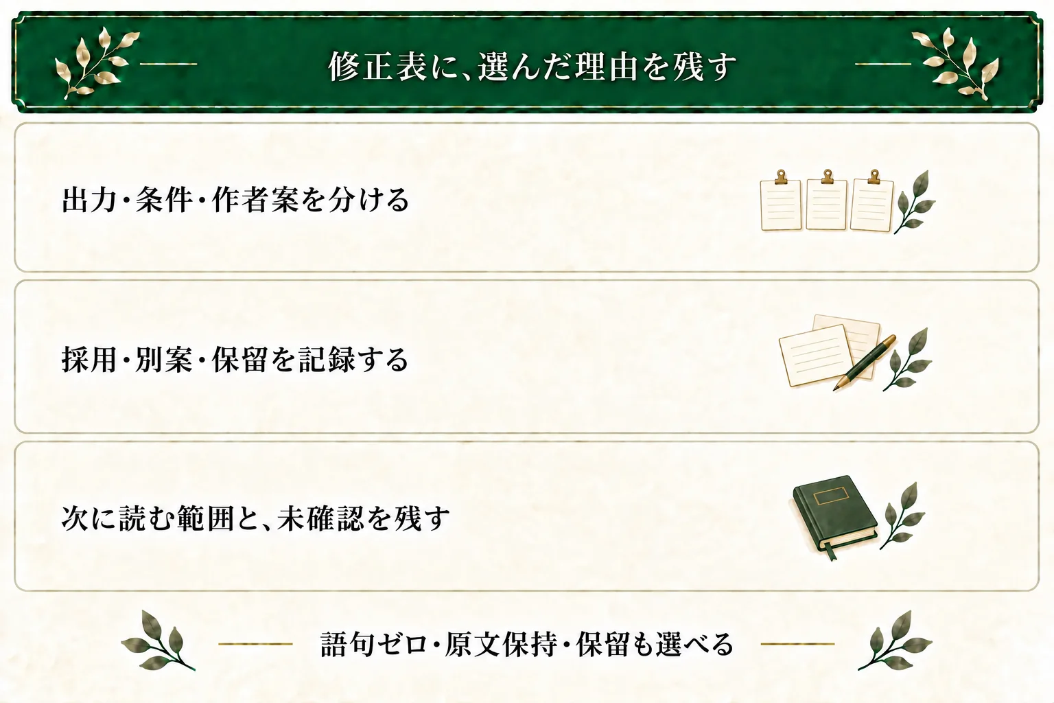 AI出力修正表に元の出力、固定条件、作者案を分け、採用・別案・保留の理由と次に読む範囲を記録する。語句を採らない、原文を残す、保留する選択もできる。