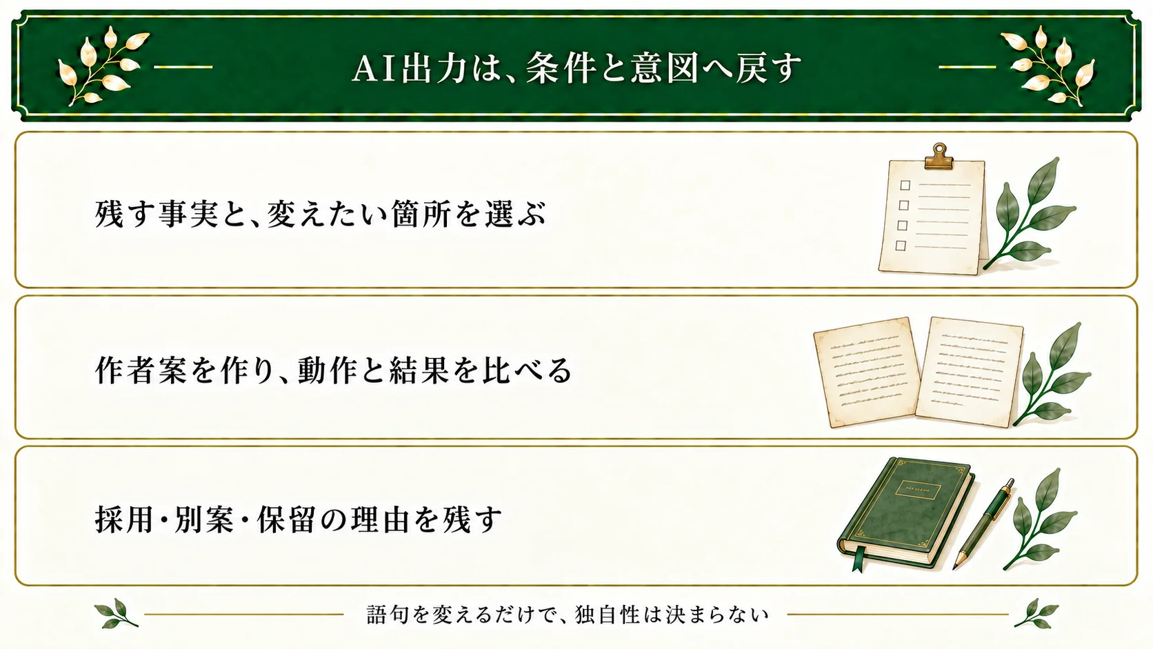 AI出力を直す前に、残す場面の事実と変えたい箇所を選ぶ。作者案の動作と結果を比べ、採用・別案・保留の理由を残す。語句の変更だけで独自性は保証されない。