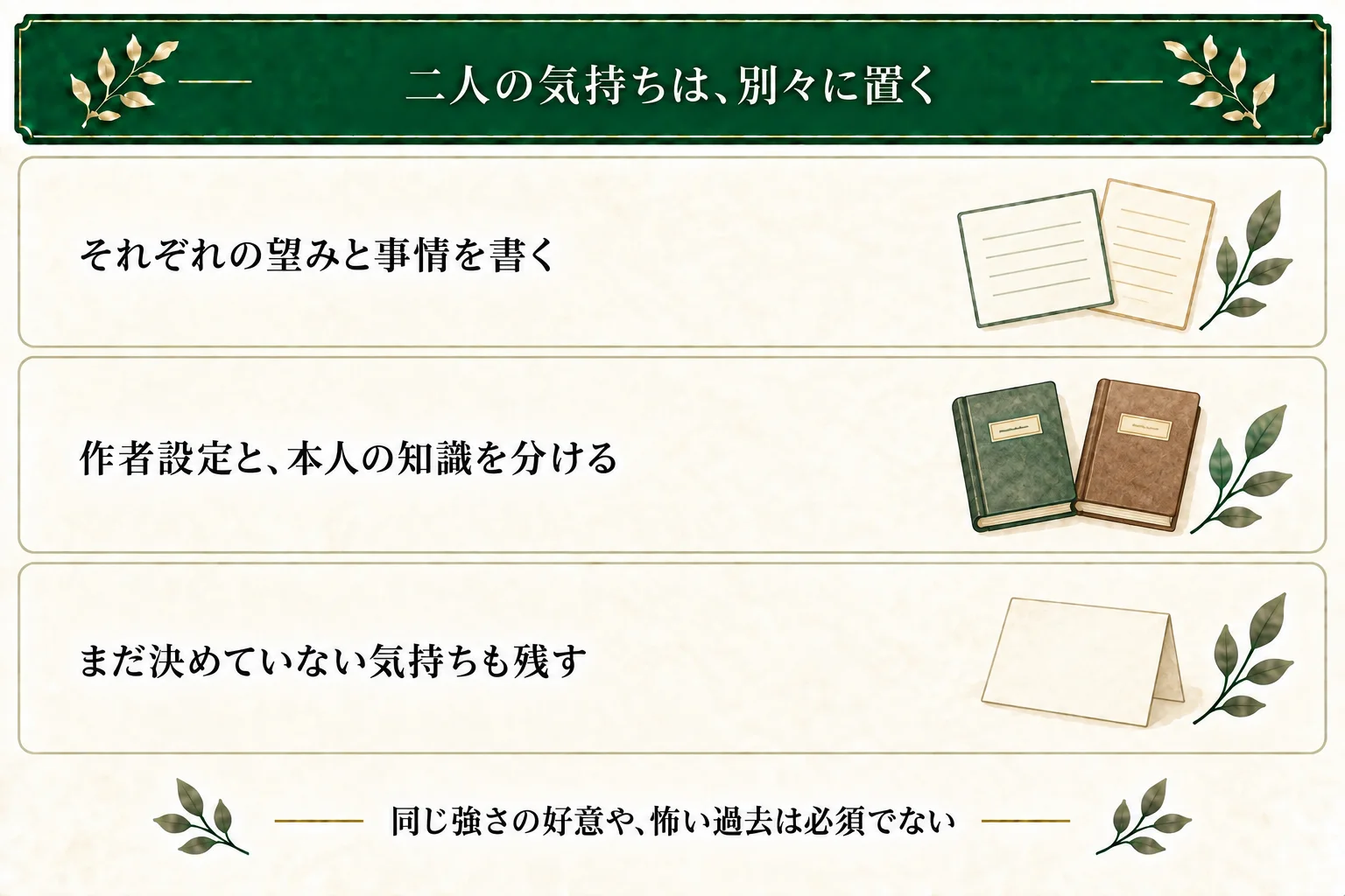二人それぞれの望みと事情を書き、作者が決めた設定と本人が知っていることを分ける。未定の気持ちも残し、同じ強さの好意や怖い過去を必須にしない。