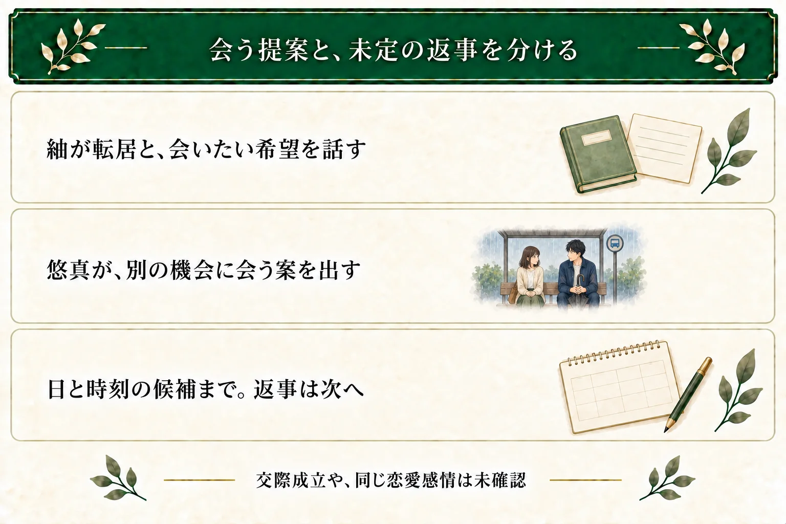 本文例で紬が転居と会いたい希望を話し、悠真が読書会以外で会う案を出す。来週土曜と午後二時の候補が出るが、時刻の返事・実再会・交際成立はまだ書いていない。