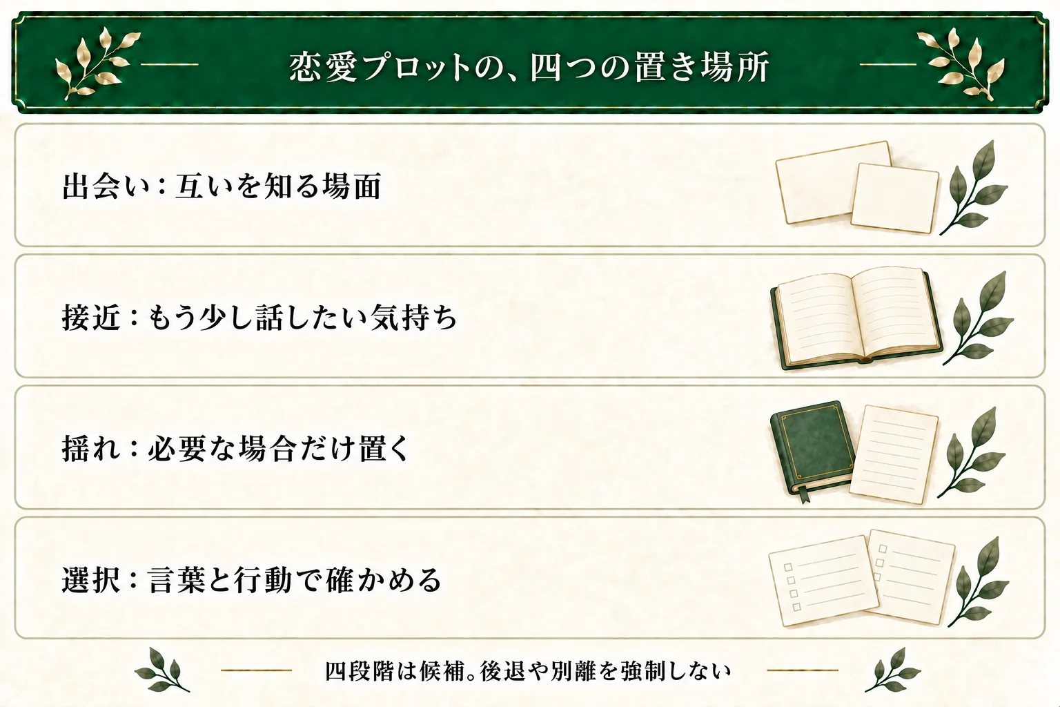 出会い・接近・揺れ・選択は恋愛プロットの任意の構成候補。互いを知る場面、もっと話したい気持ち、必要な場合の揺れ、言葉や行動で選ぶ場面を置く。後退や別離は必須でない。