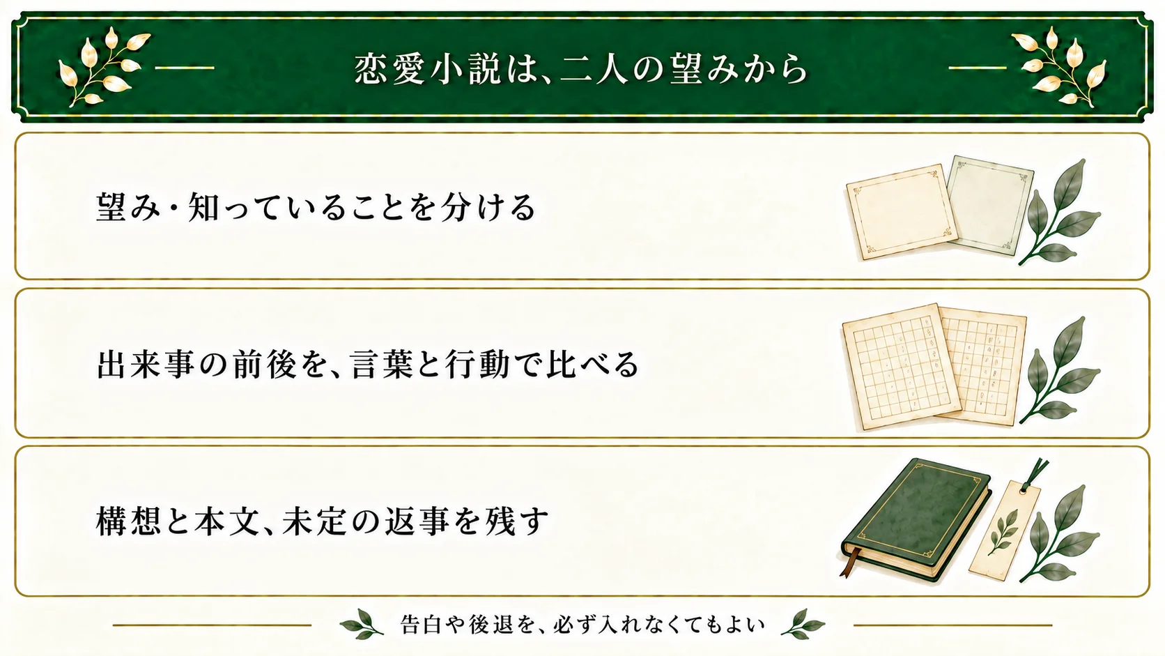 恋愛小説は二人の望みと知っていることを別々に置く。出来事の前後を言葉と行動で比べ、構想・本文・未定の返事を分ける。告白や後退は必須ではない。