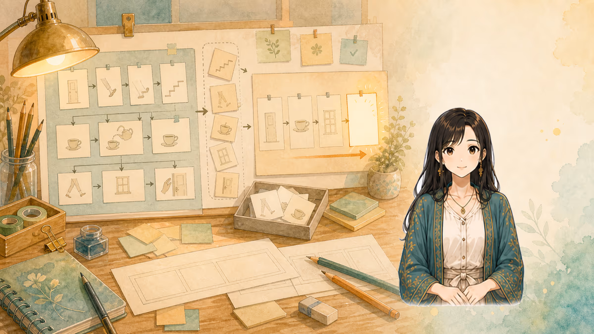 コトハが長い場面から読者が補える中間動作を外し、短い場面へ整理する創作アトリエ風の挿絵