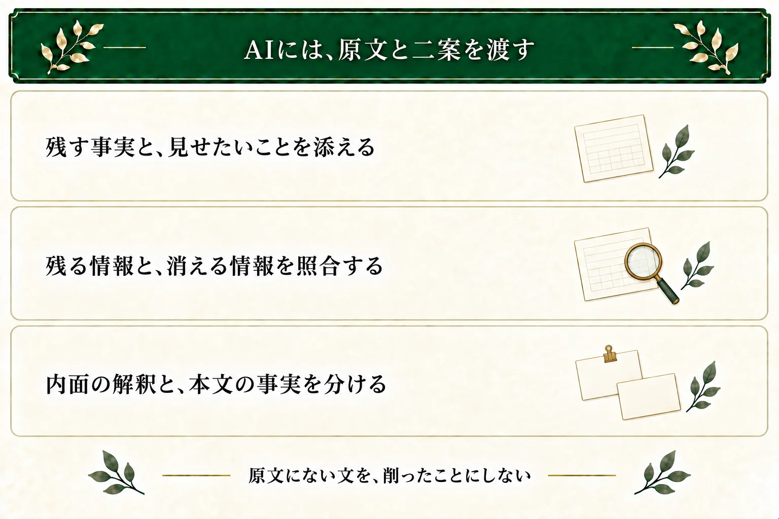 AIへ原文と二案、残す事実や意図を渡す。残る情報と消える情報を照合し、内面の解釈と本文の事実を分ける。原文にない文を削ったことにしない。