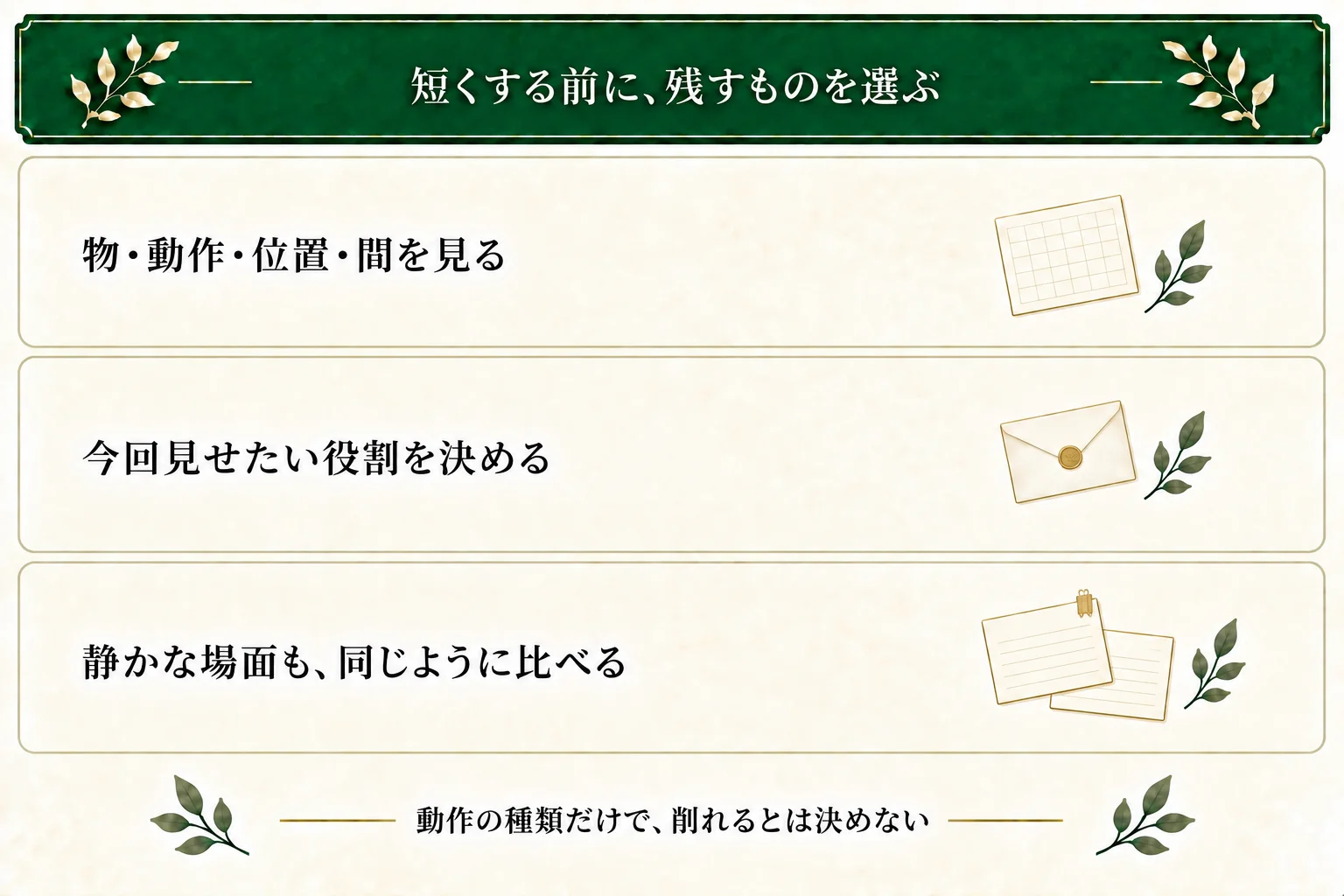 シーンを短くする前に物・動作・位置・間から残したい役割を決める。静かな場面にも使え、動作の種類だけで削れると決めない。