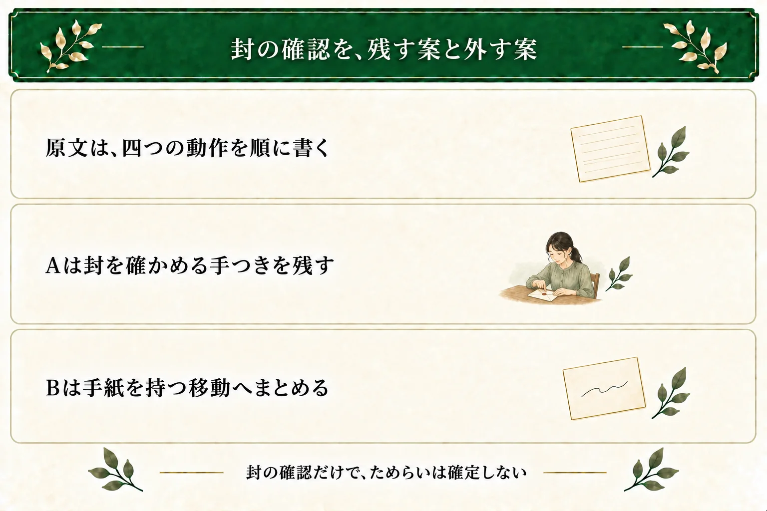 四文の原文に対して、Aは立ち上がる文を外して封を確認する動作を残し、Bは手紙を取って廊下へ出る一文にまとめる。封の確認だけでためらいの内面は確定しない。