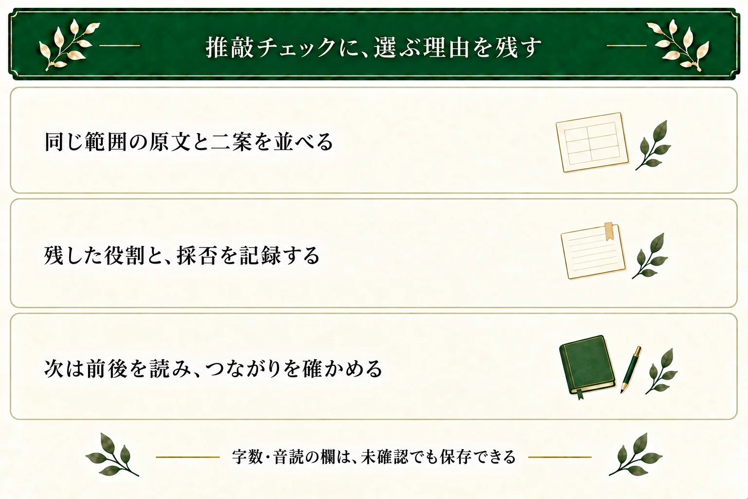 シーン推敲チェックへ同じ範囲の原文と二案、残した役割と採否の理由を保存する。次は前後の文を読み、つながりを確かめる。字数や音読が未確認でも残せる。