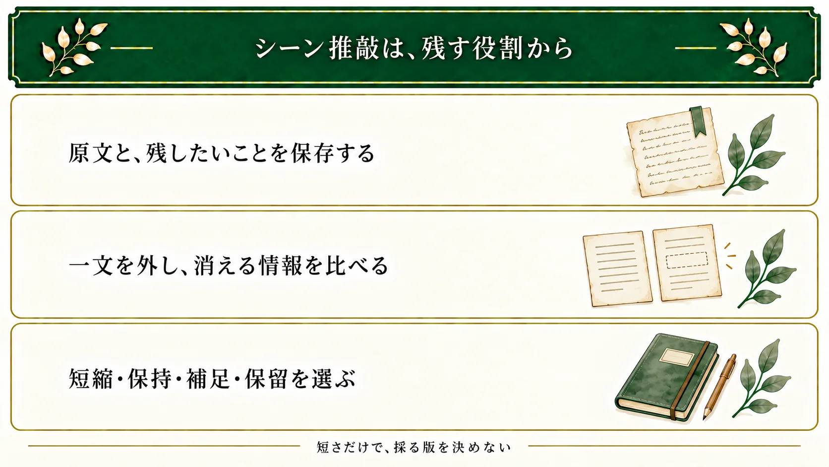 シーン推敲では原文と残したい役割を保存し、一文を外すと消える情報を比較する。短縮・保持・補足・保留から選び、短さだけで採用を決めない。