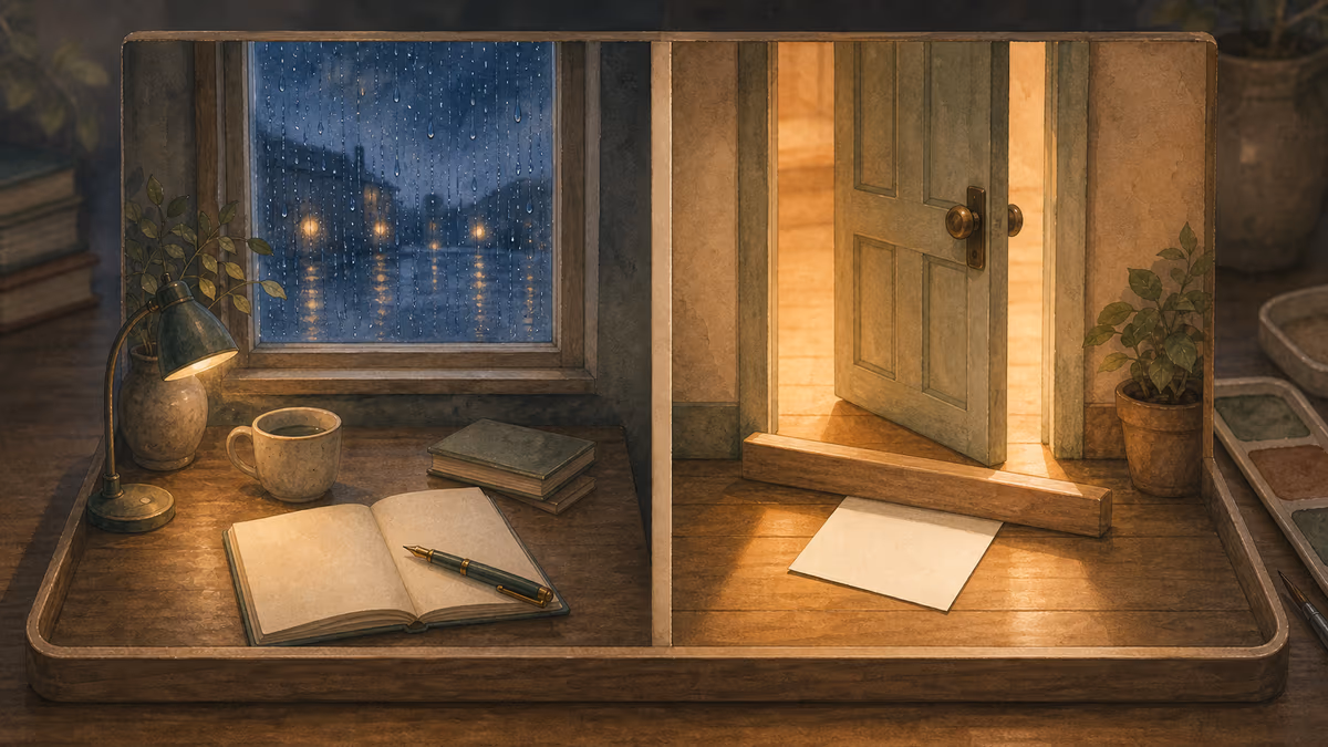 静かな雨窓の描写と、扉へ向かう紙片の動きを対比したミニチュア舞台の挿絵