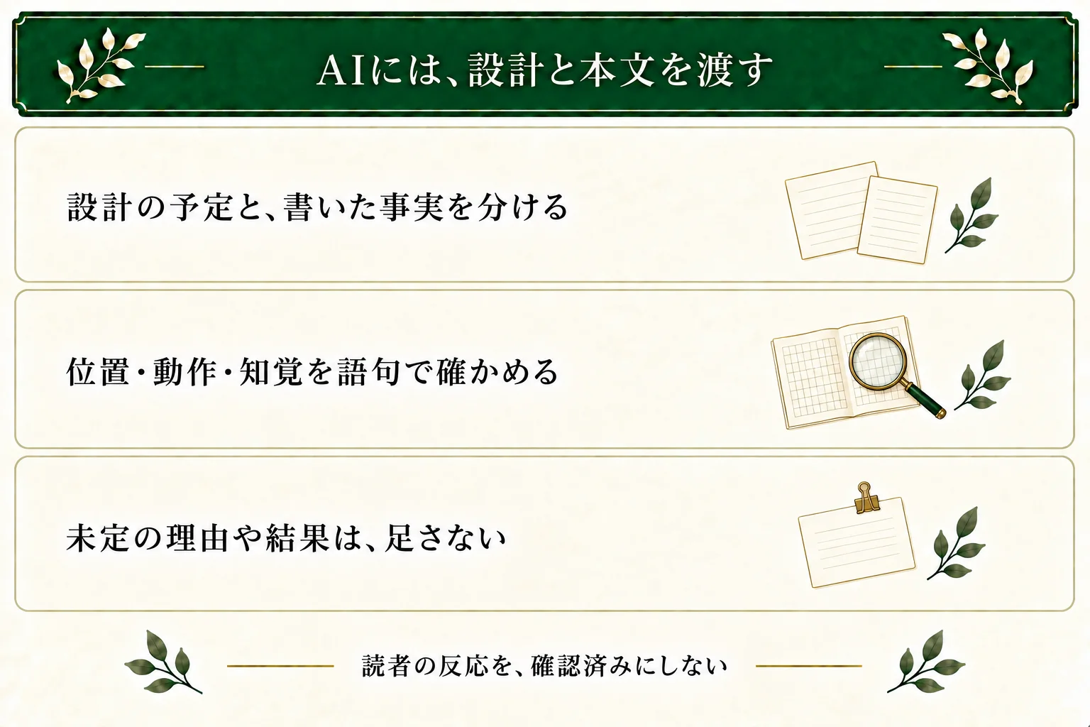 AIには設計と本文を別々に渡し、位置・動作・知覚を元の語句に対応させる。未定の理由や結果、読者反応を事実として追加しない。