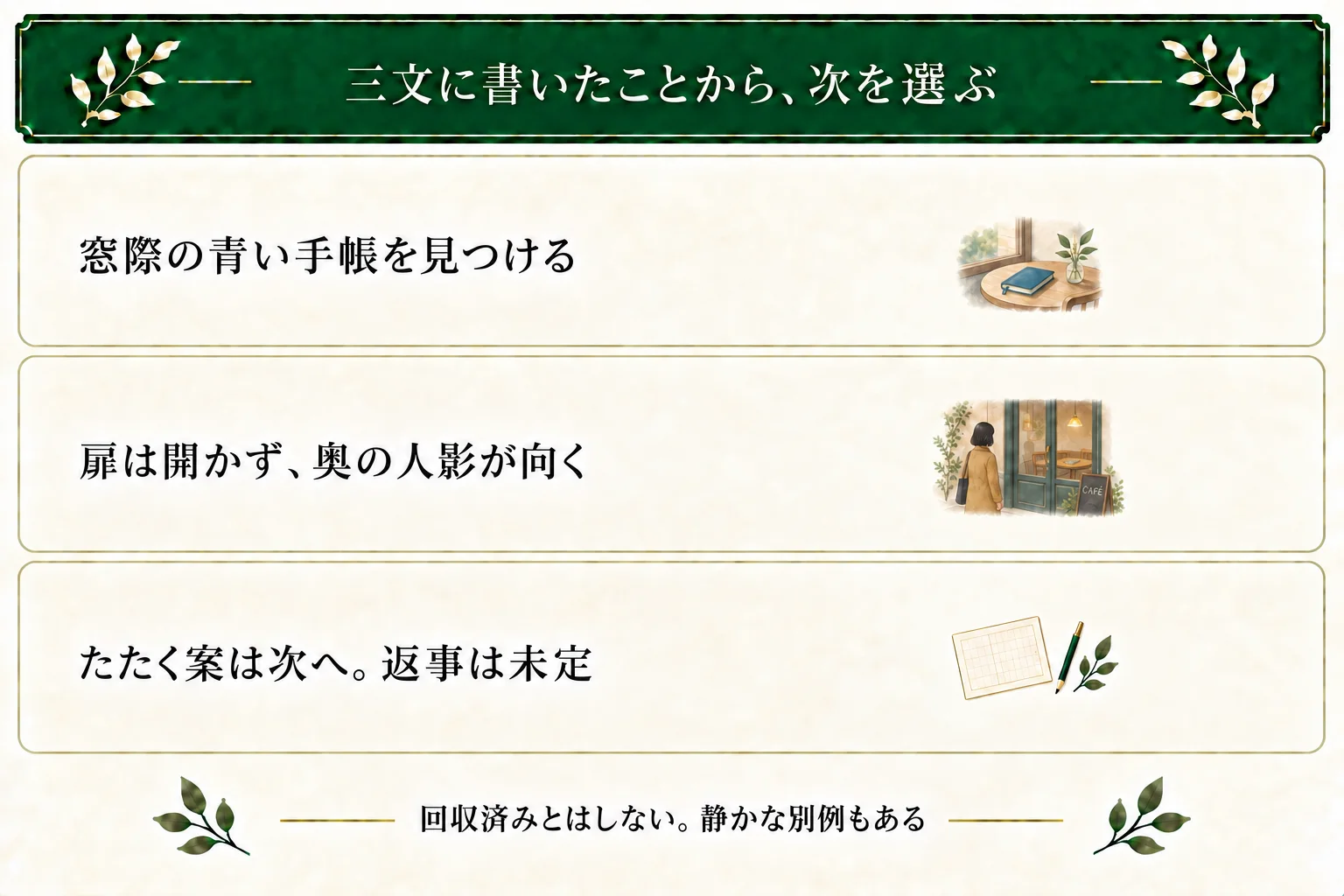 閉店後の手帳の冒頭三文では千尋が窓際の手帳を見て扉へ手をかけ、人影が振り向く。たたく動作は続きの候補で、返事や手帳回収は未執筆。別の静かな例も比較できる。