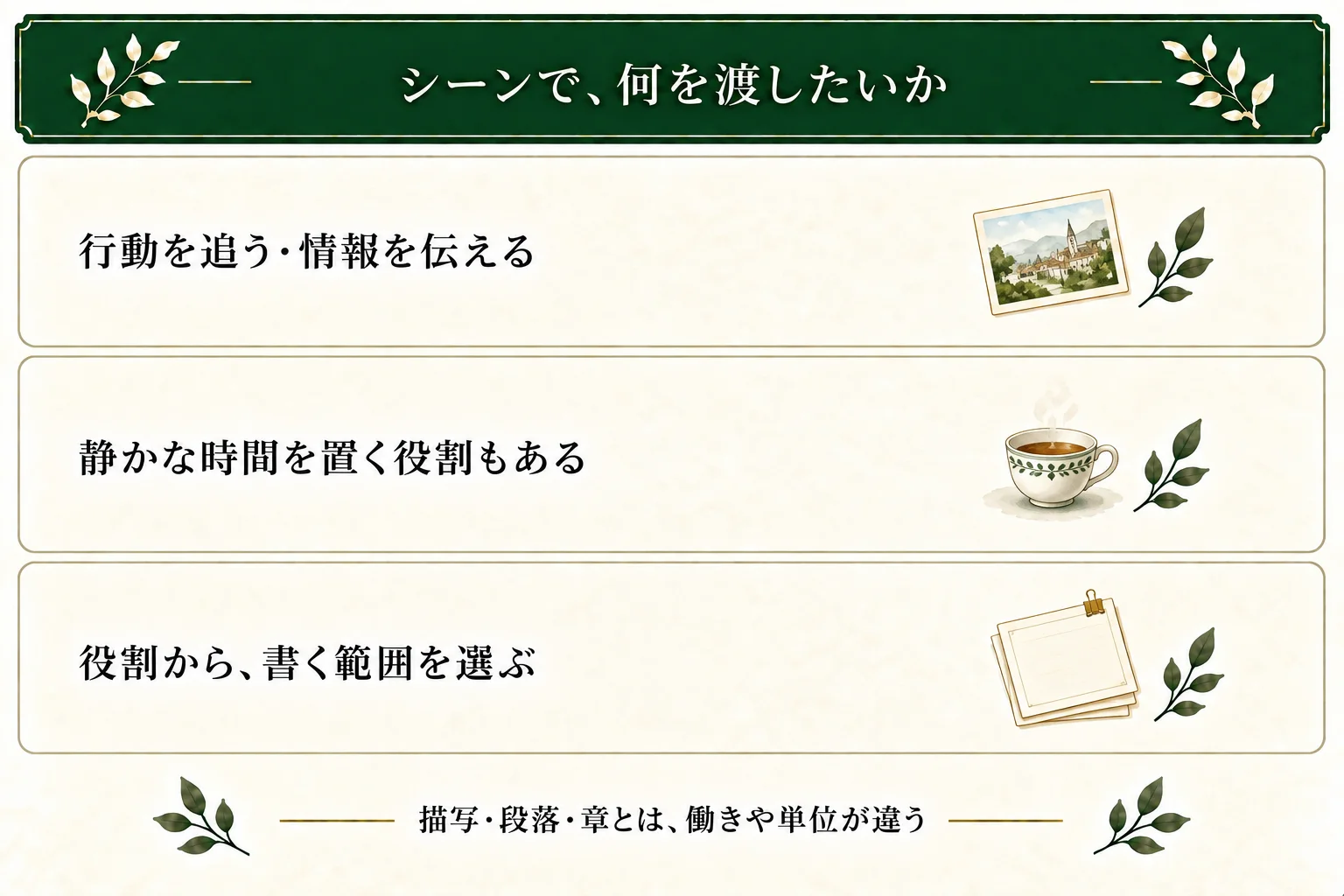 一場面の役割は行動・情報・静かな時間から選べる。描写は表現の働き、段落と章は区切りの単位として区別する。