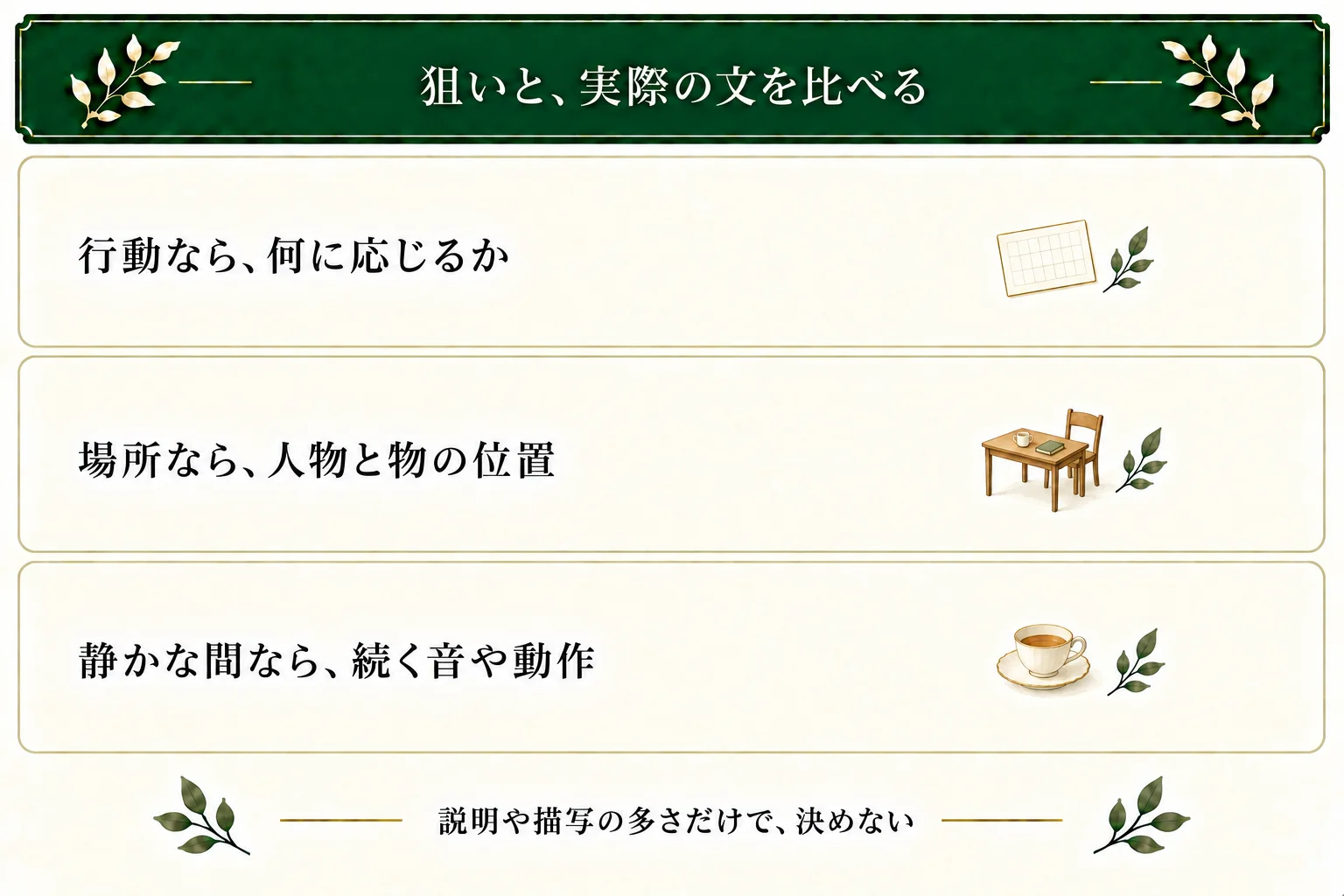 進まないシーンでは、行動に応じる対象、人物と物の位置、静かな時間の音や動作を役割と比べる。説明や描写の量だけで削除を決めない。