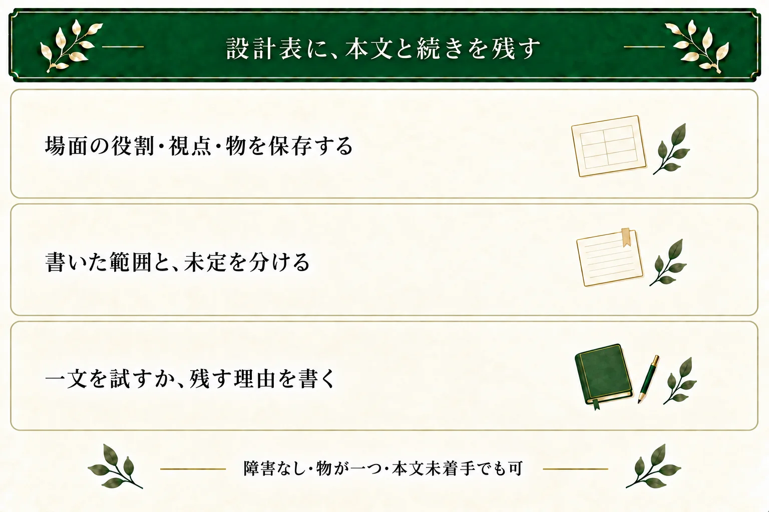 シーン設計表では役割・視点・物・本文と続きの候補を保存する。障害や変化がない場面、物が一つの案、本文未着手も保存できる。