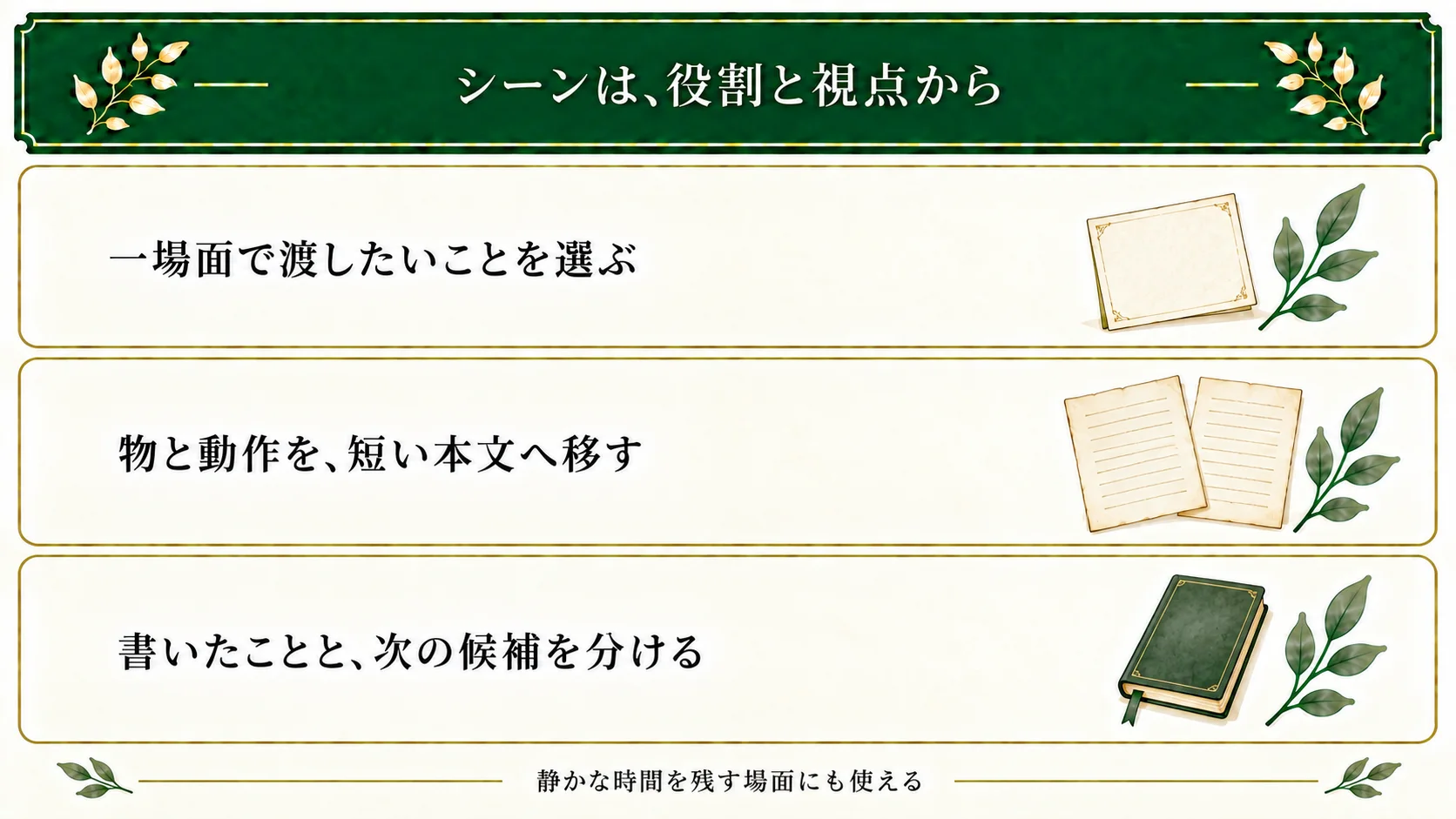 シーンは役割と視点を選び、物と動作から短い本文を書く。設計の予定と本文で書いたことを分け、次の一文や静かな時間を選ぶ。