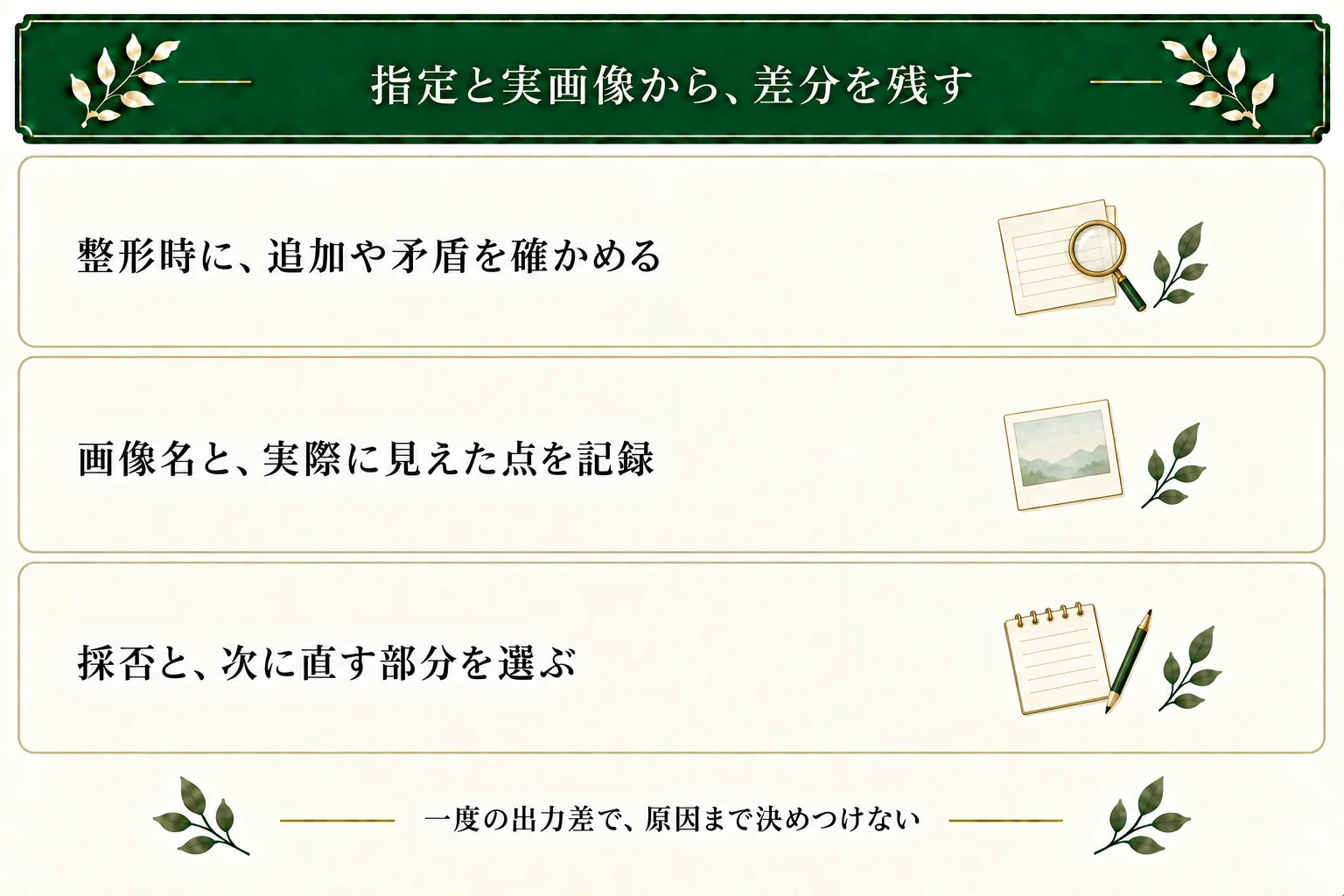 AIに条件を整形させた後は追加や矛盾を確認する。生成後は画像名と実際に確認した差分、採否、次の修正を残す。一回の出力差だけで原因を証明しない。