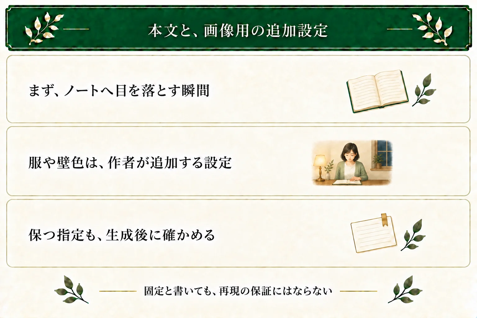 窓辺のノートの三文から、ページへ目を落とす瞬間を選ぶ。外見・壁色・夜は作者の画像用追加設定として分け、保つ指定も実画像で確認する。