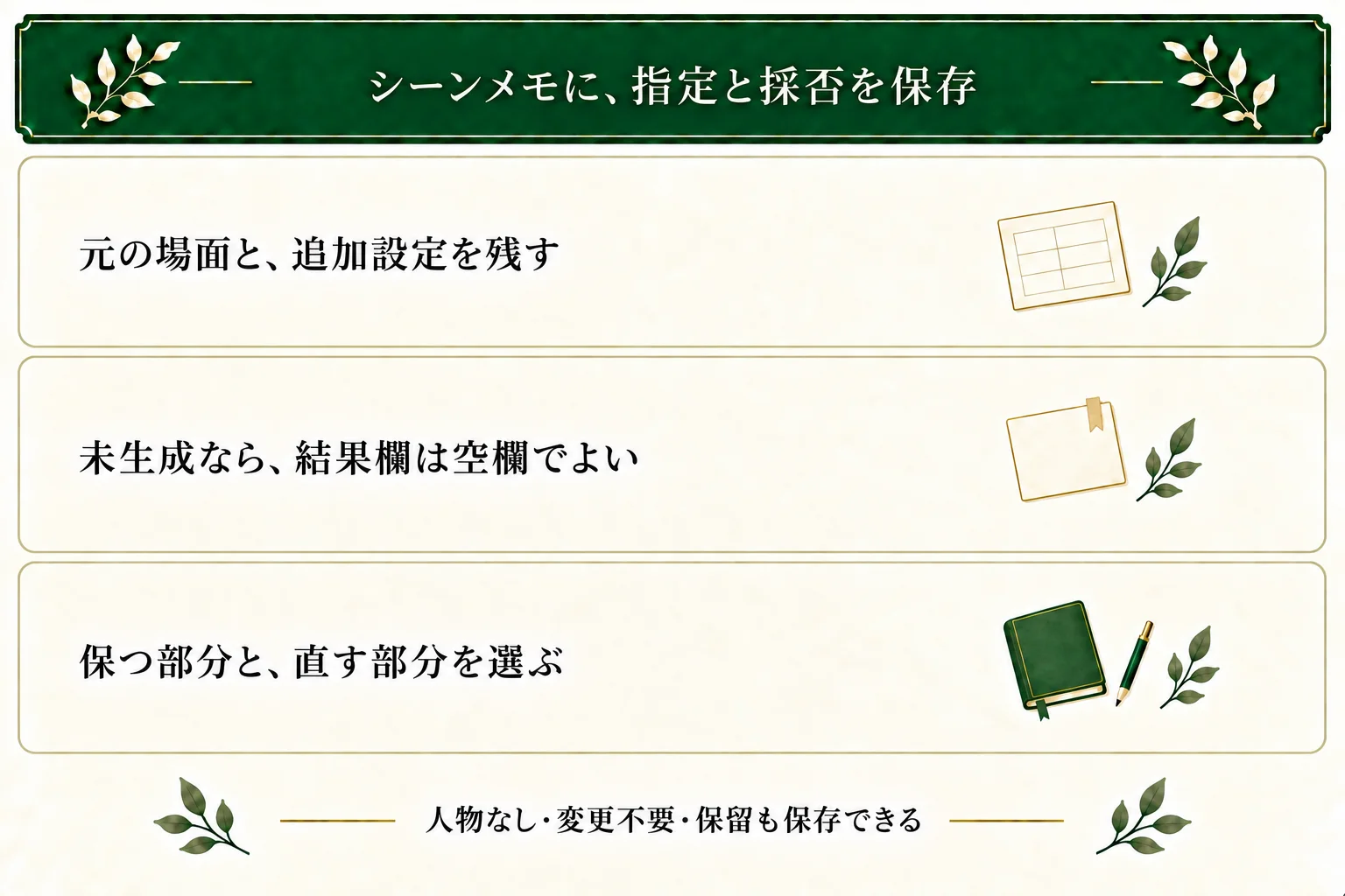 画像用シーンメモには元の場面、追加設定、生成用の指定を保存する。未生成なら結果欄は空欄にし、生成後に保つ部分と直す部分、採否を追記できる。