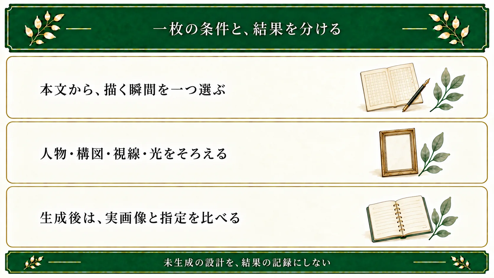 本文から一枚の瞬間を選び、人物・場所・構図・視線・光の指定を整理する。生成前の条件と、生成後に実画像で確認した差分を別に残す。
