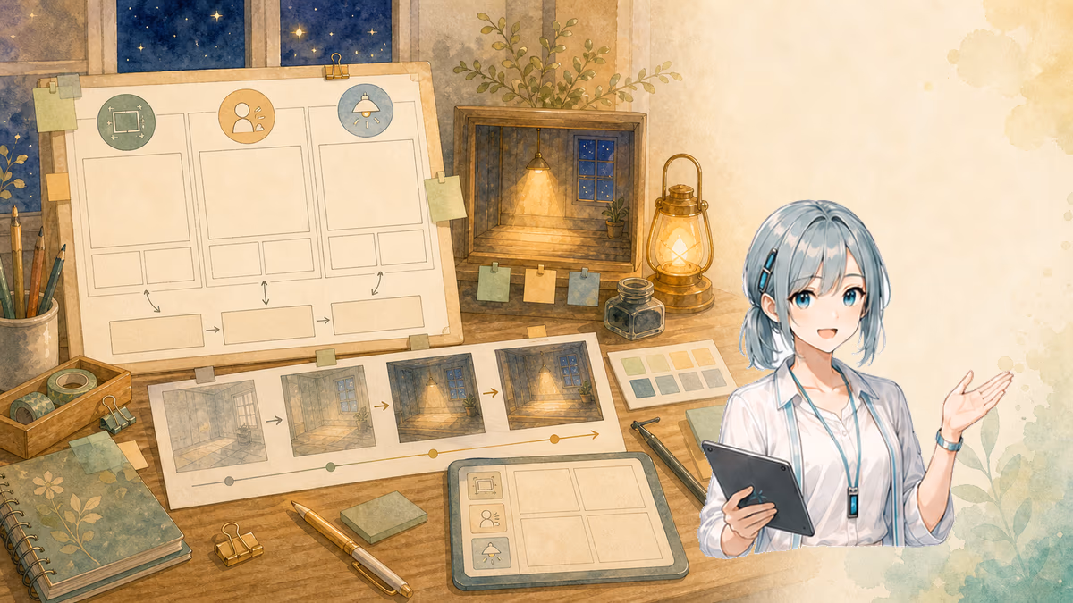 画像生成AIで場面を出すプロンプトの作り方の内容をイメージした創作アトリエの挿絵